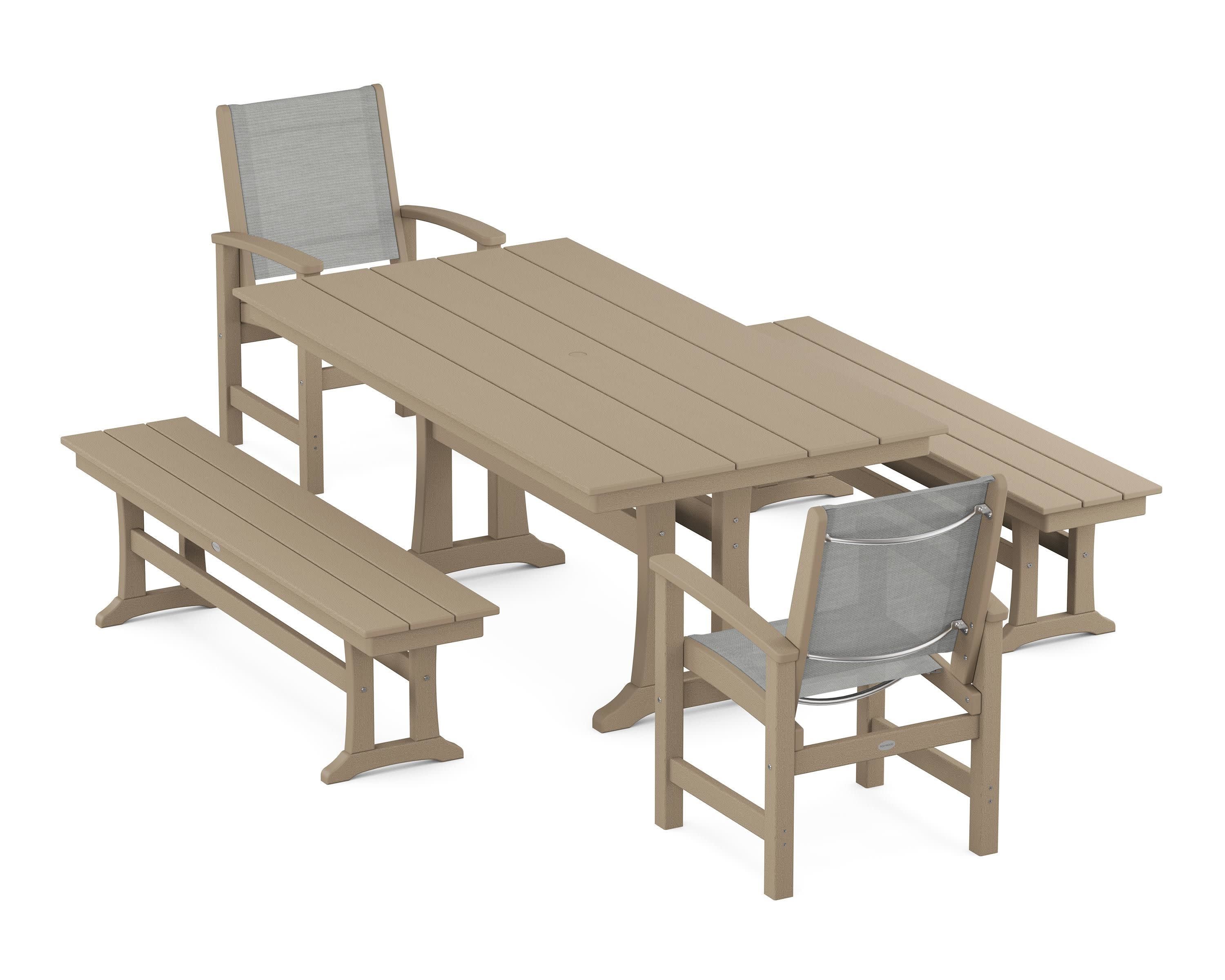 Coastal 5-Piece Farmhouse Dining Set with Trestle Legs and Benches in Vintage Sahara / Metallic Sling