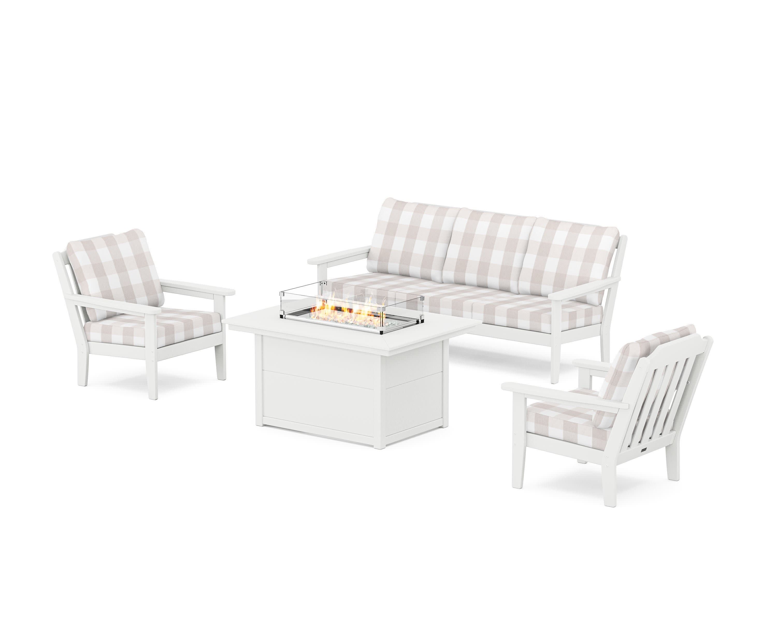 Cottage Deep Seating Fire Pit Table Set in White / Buffalo Plaid Dune Burlap
