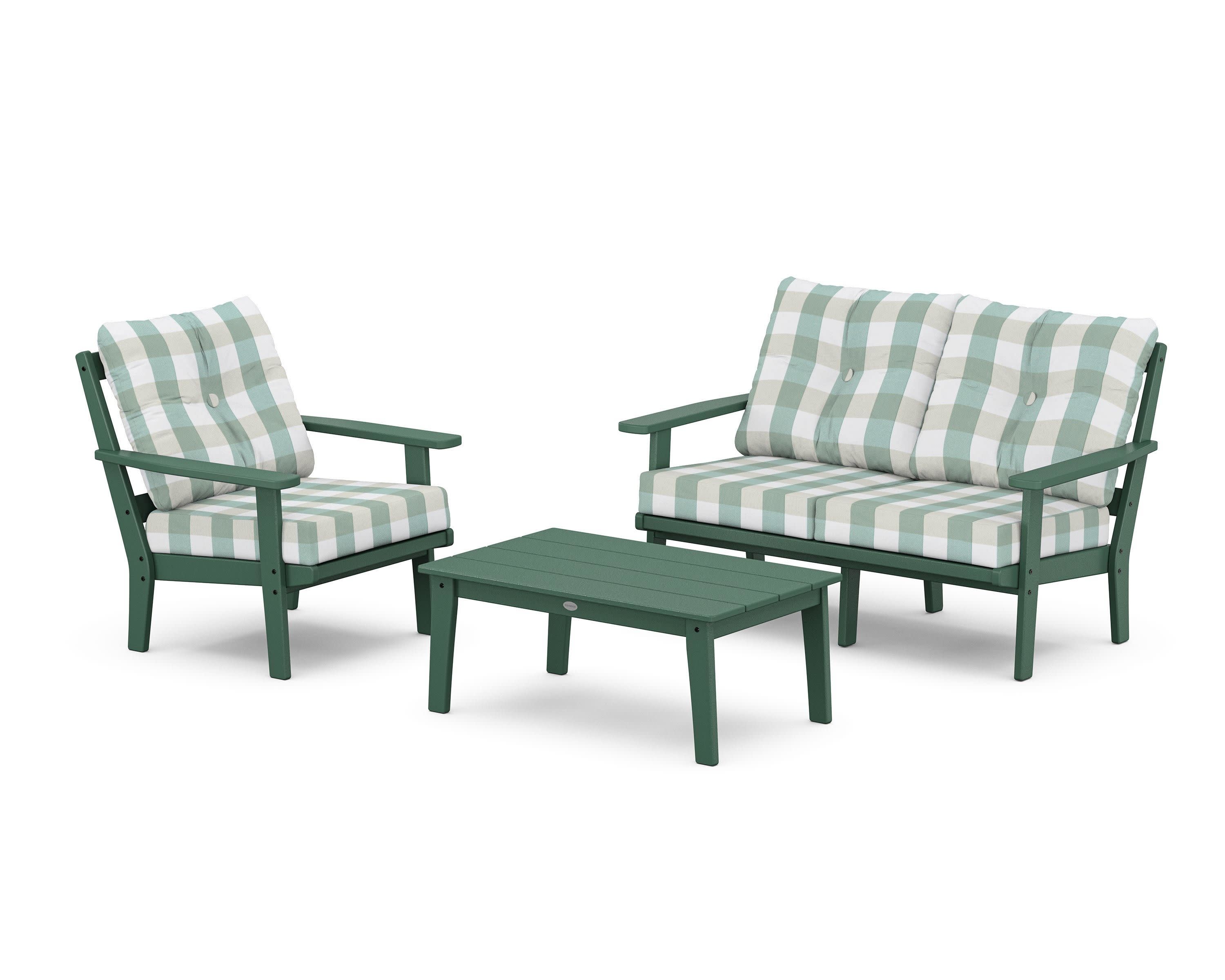 Oxford 3-Piece Deep Seating Set with Loveseat in Green / Buffalo Plaid Glacier Spa