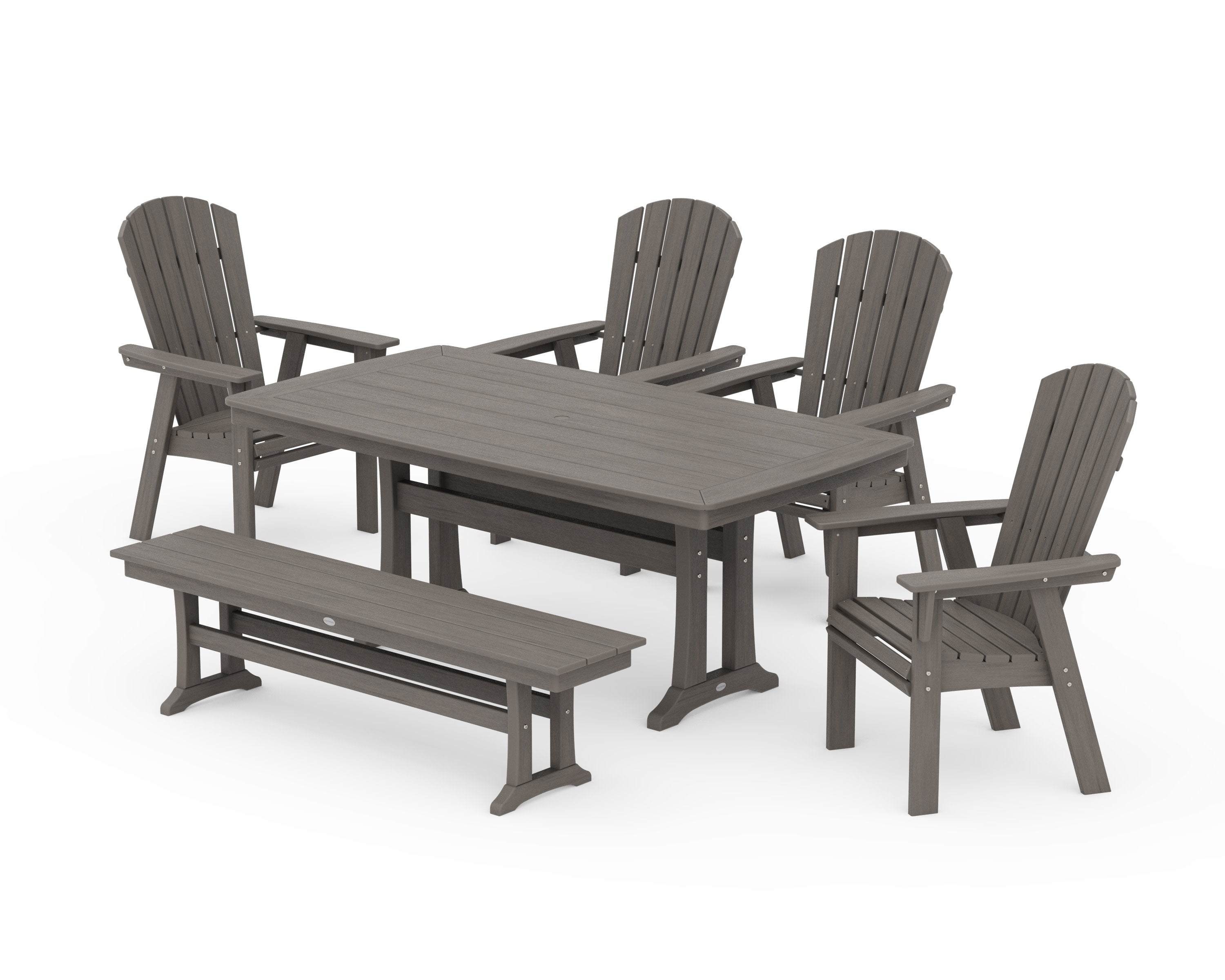 Nautical Curveback Adirondack 6-Piece Dining Set with Trestle Legs and Bench in Driftwood