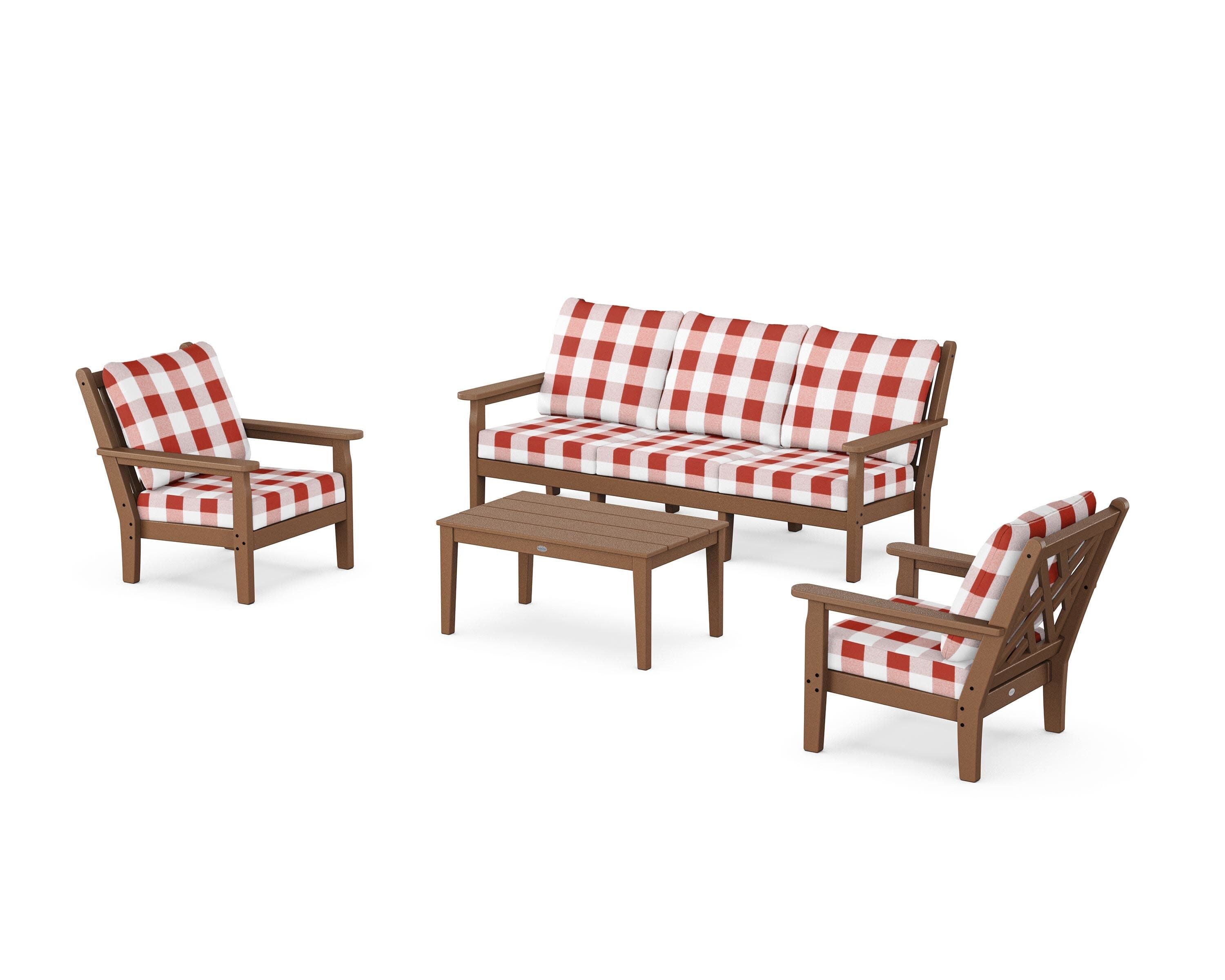 Chippendale 4-Piece Deep Seating Set with Sofa in Teak / Buffalo Plaid Crimson