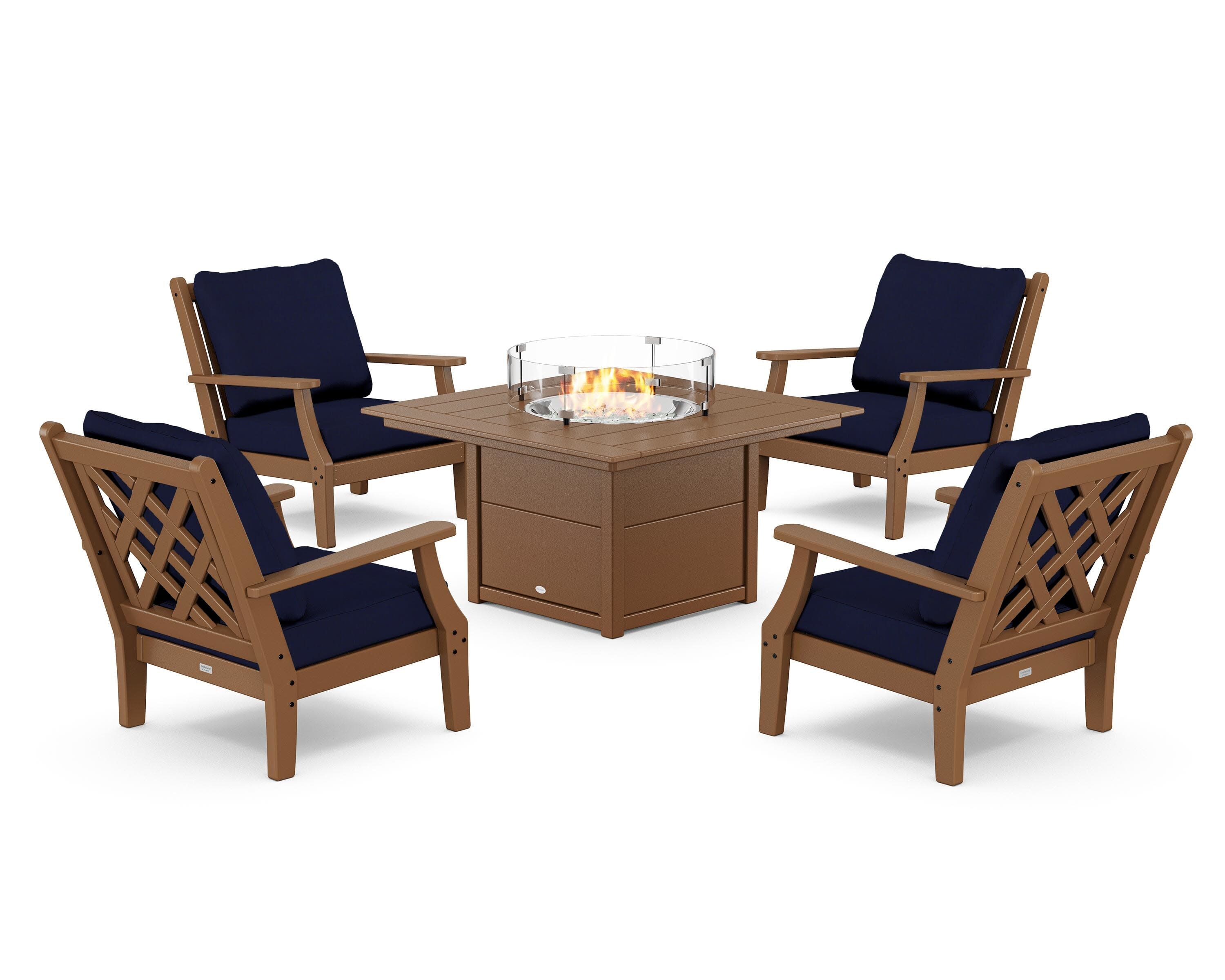 Wovendale 5-Piece Deep Seating Set with Fire Pit Table in Teak / Navy