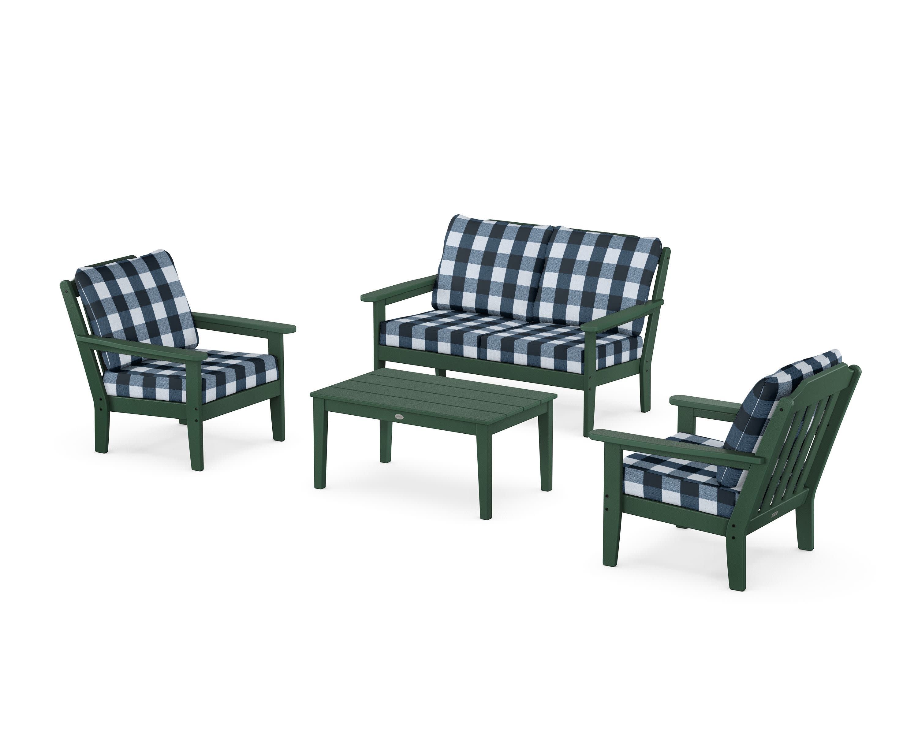 Cottage 4-Piece Deep Seating Set with Loveseat in Green / Buffalo Plaid Marine Indigo