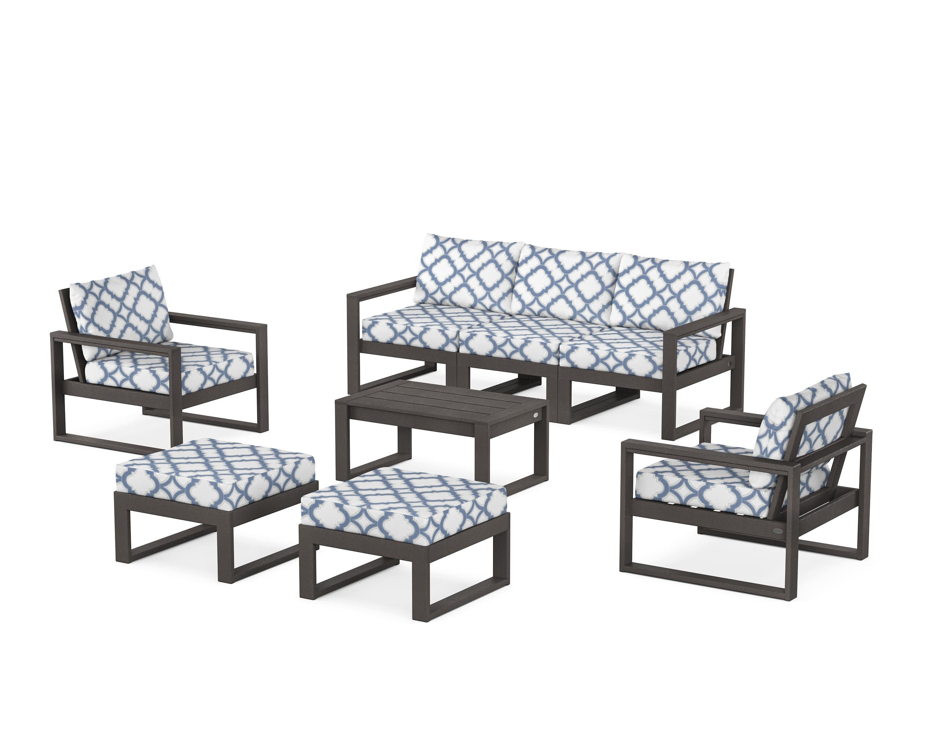 EDGE Sectional 8-Piece Lounge Sofa Set in Vintage Coffee / Trellis Sky Blue