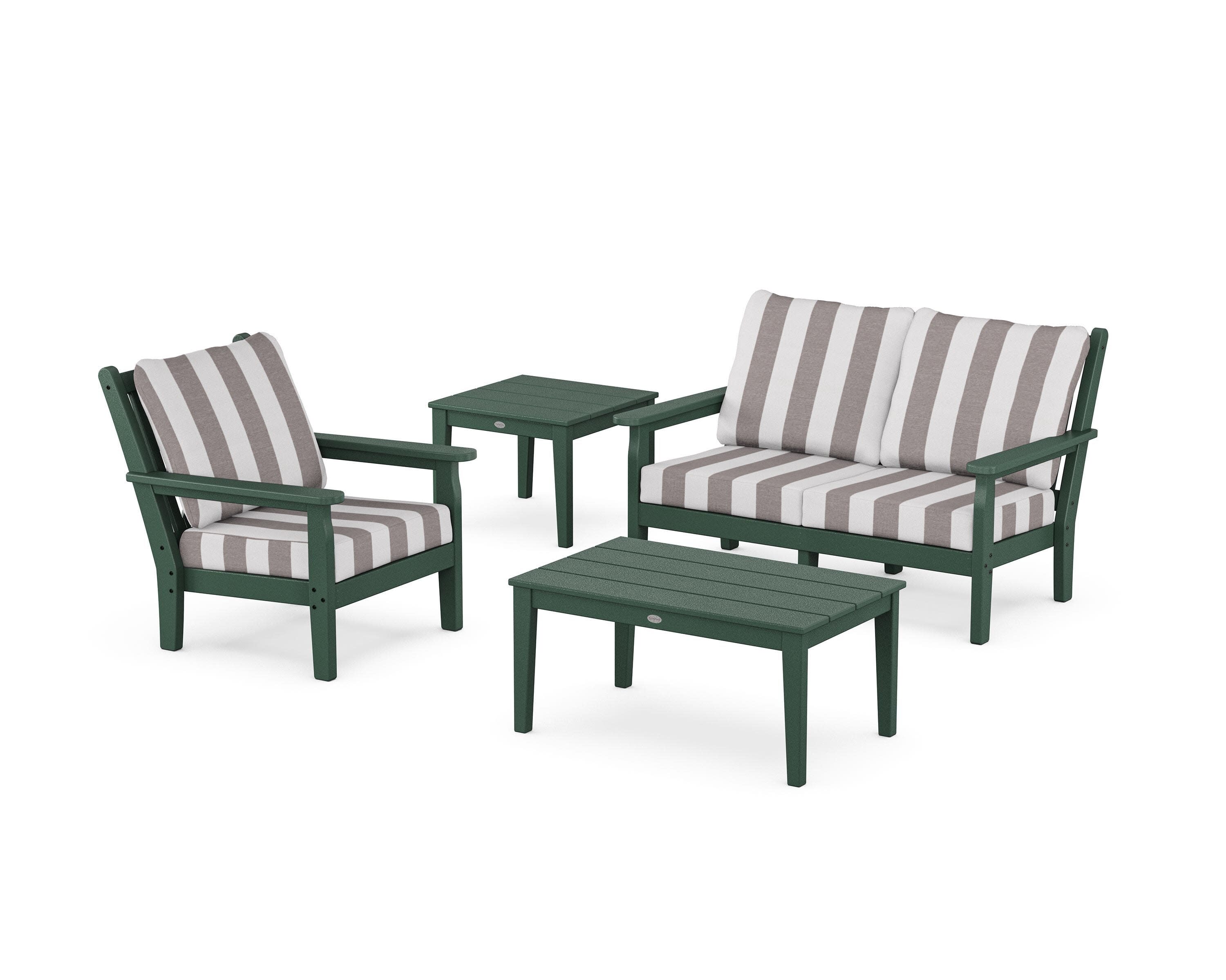 Chippendale 4-Piece Deep Seating Set in Green / Cabana Stripe Grey Mist