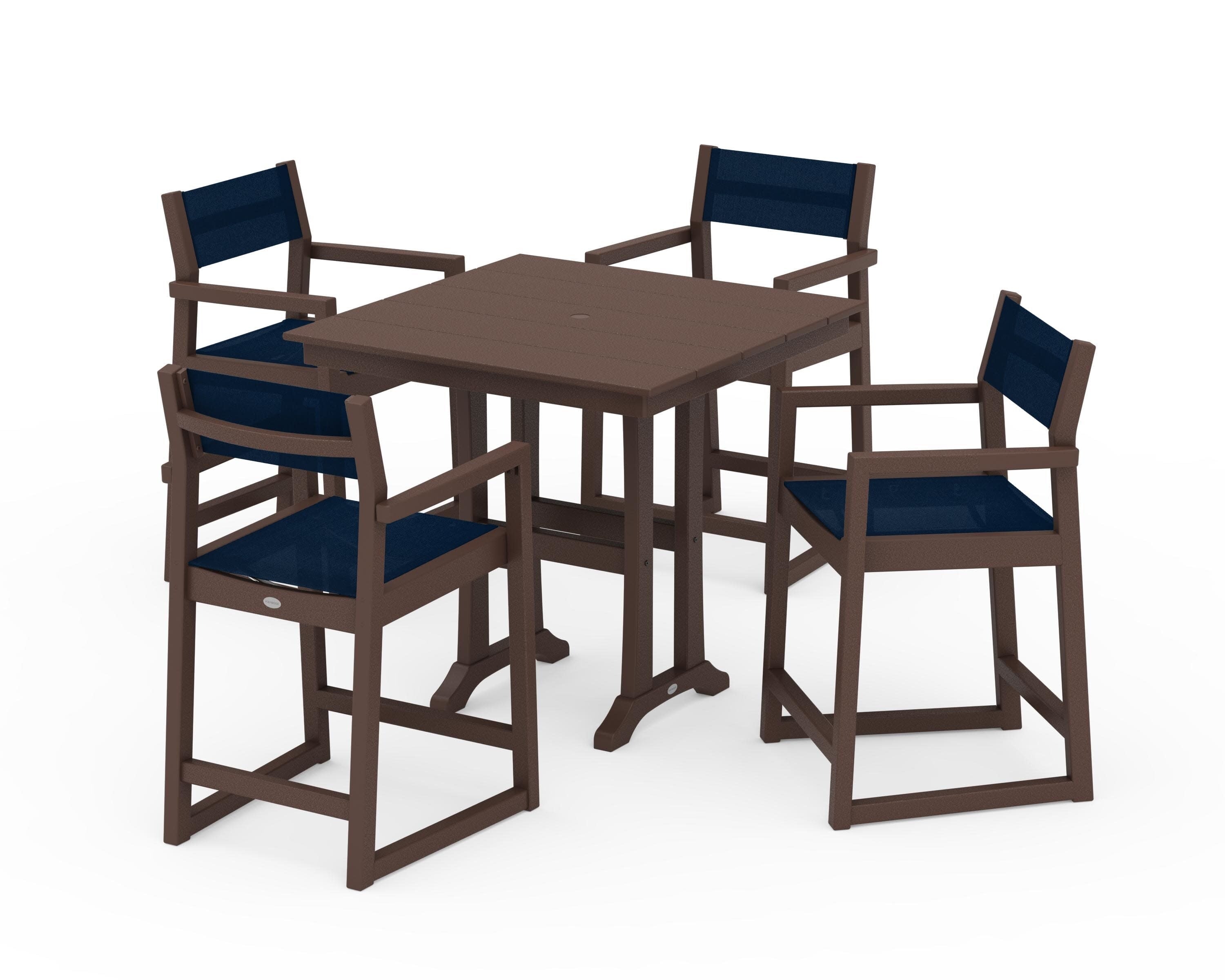 EDGE Sling Arm Chair 5-Piece Farmhouse Counter Set with Trestle Legs in Mahogany / Navy Blue Sling