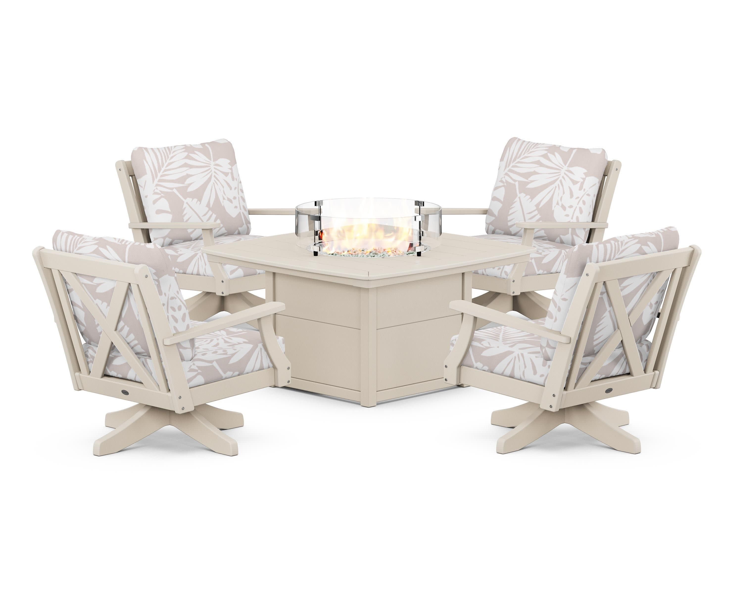 Braxton 5-Piece Deep Seating Swivel Conversation Set with Fire Pit Table in Sand / Leaf Dune Burlap