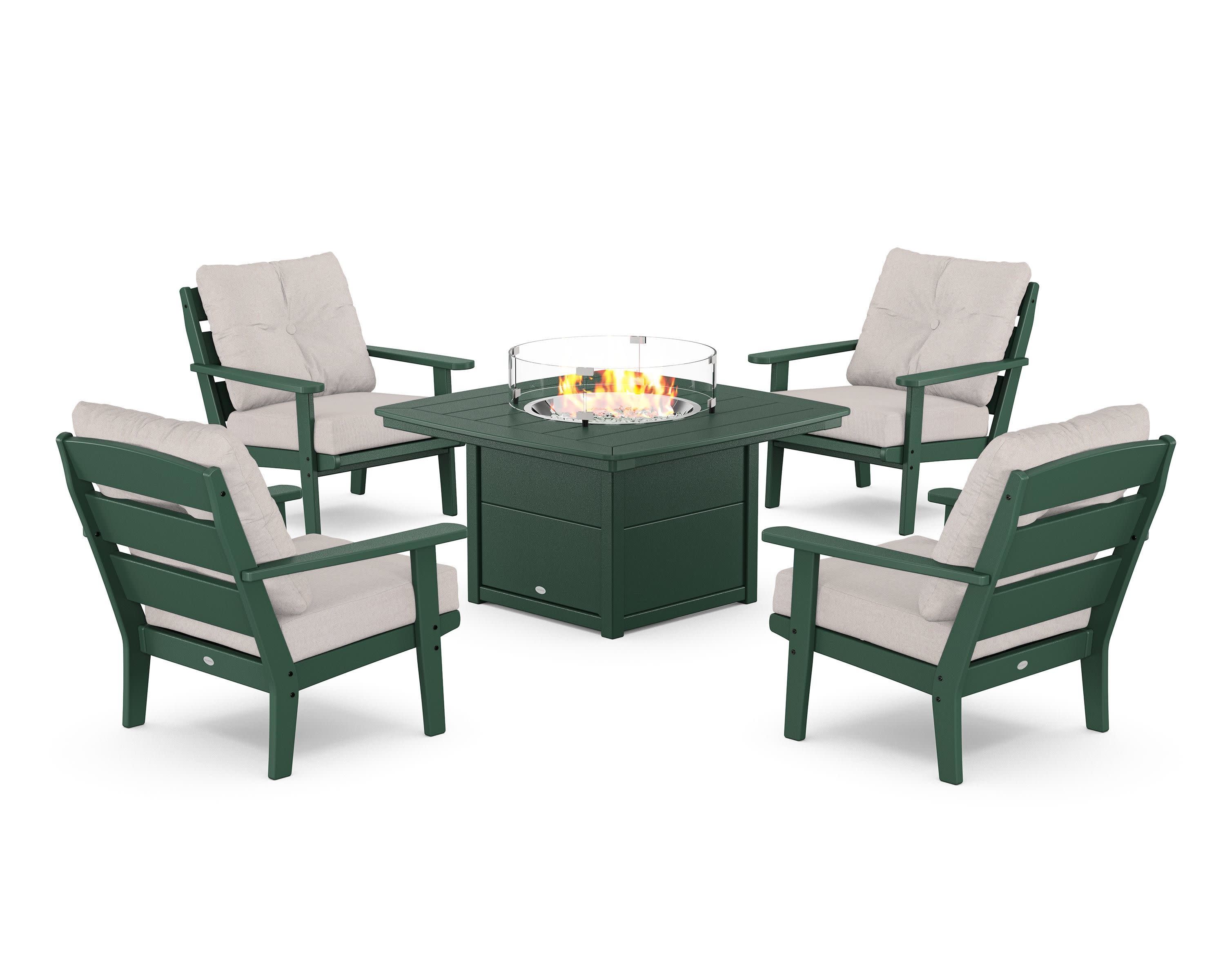 Lakeside 5-Piece Deep Seating Set with Nautical Fire Pit Table in Green / Dune Burlap