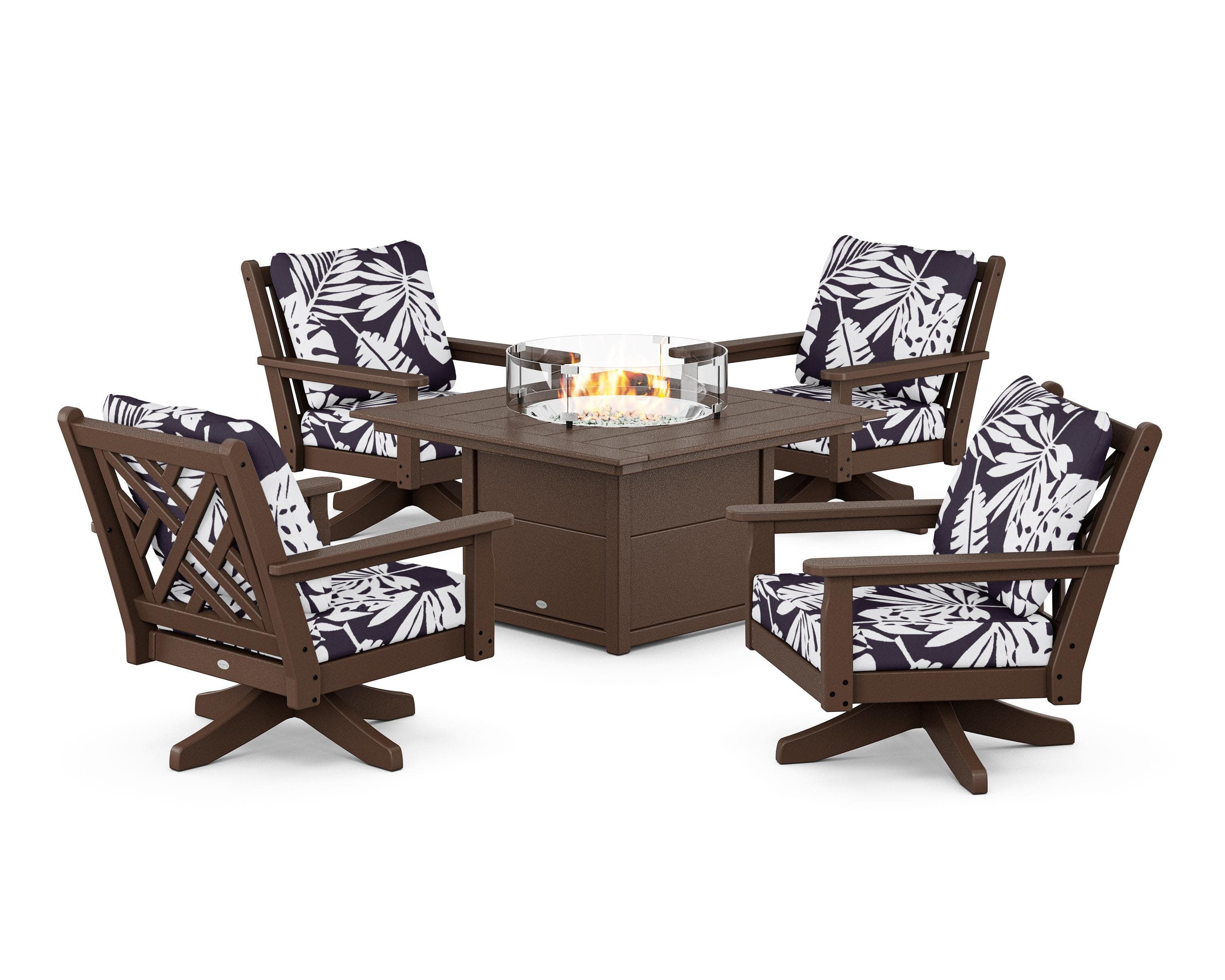 Chippendale 5-Piece Deep Seating Swivel Conversation Set with Fire Pit Table in Mahogany / Leaf Navy