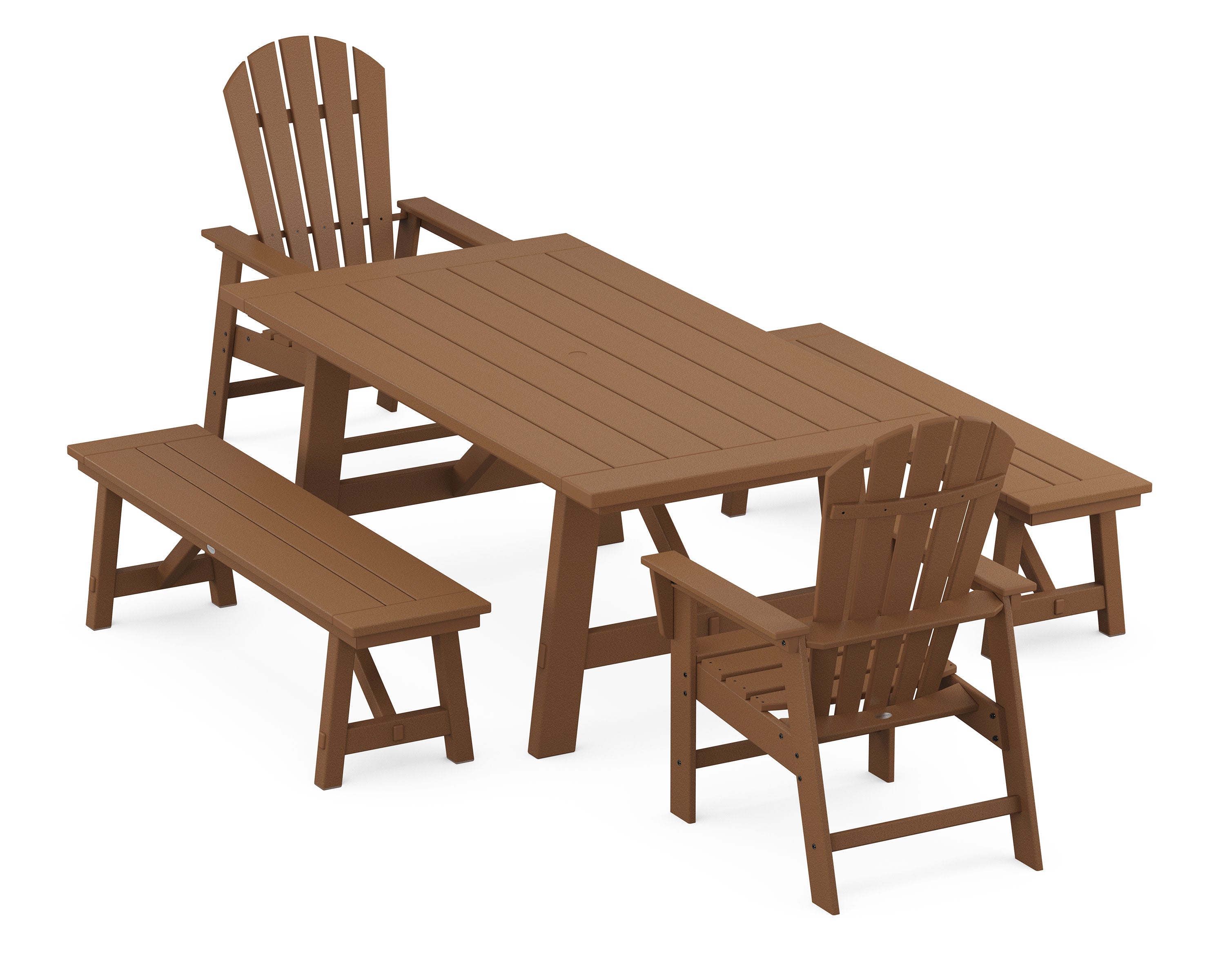 South Beach 5-Piece Rustic Farmhouse Dining Set With Benches in Teak