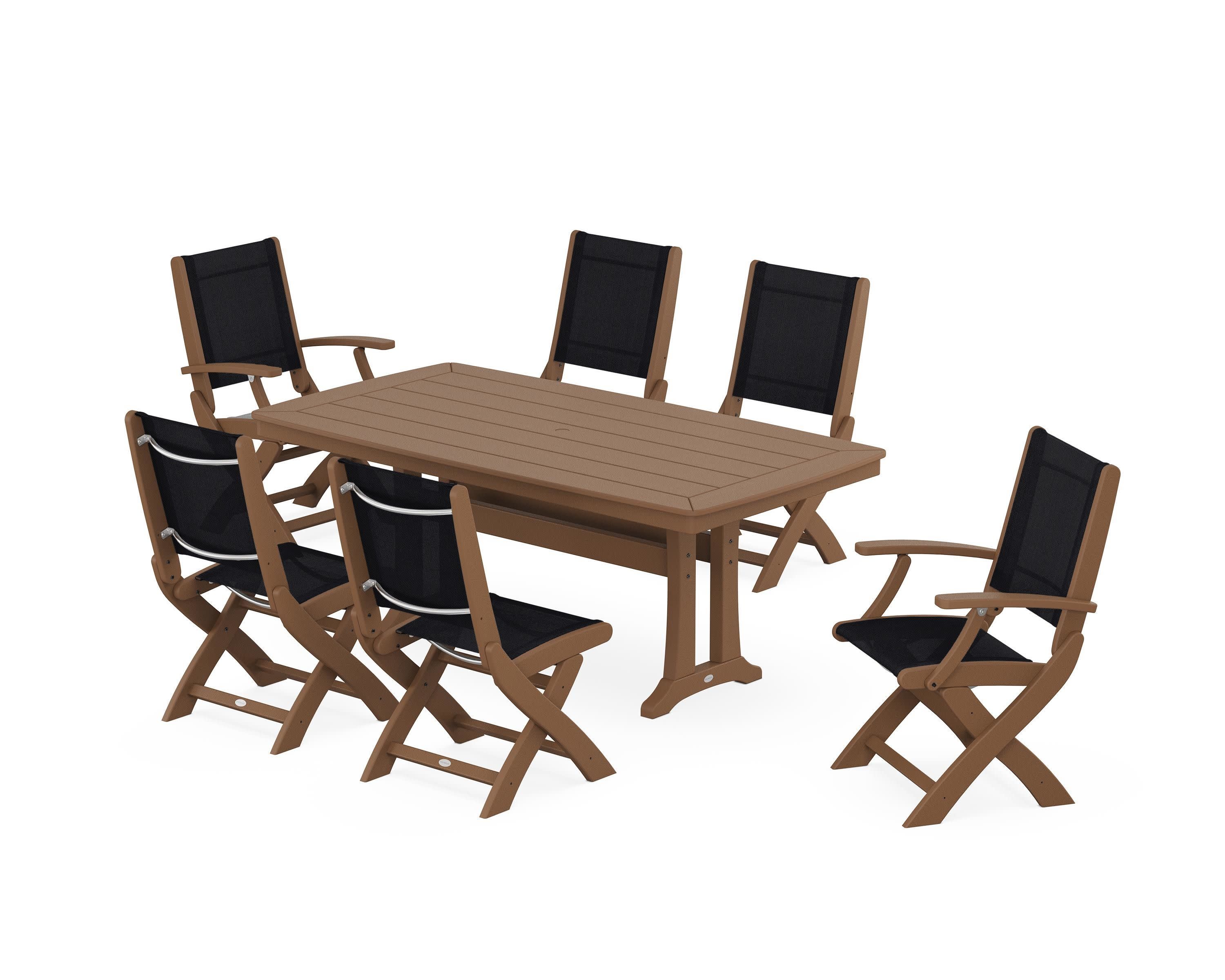 Coastal Folding Chair 7-Piece Dining Set with Trestle Legs in Teak / Black Sling