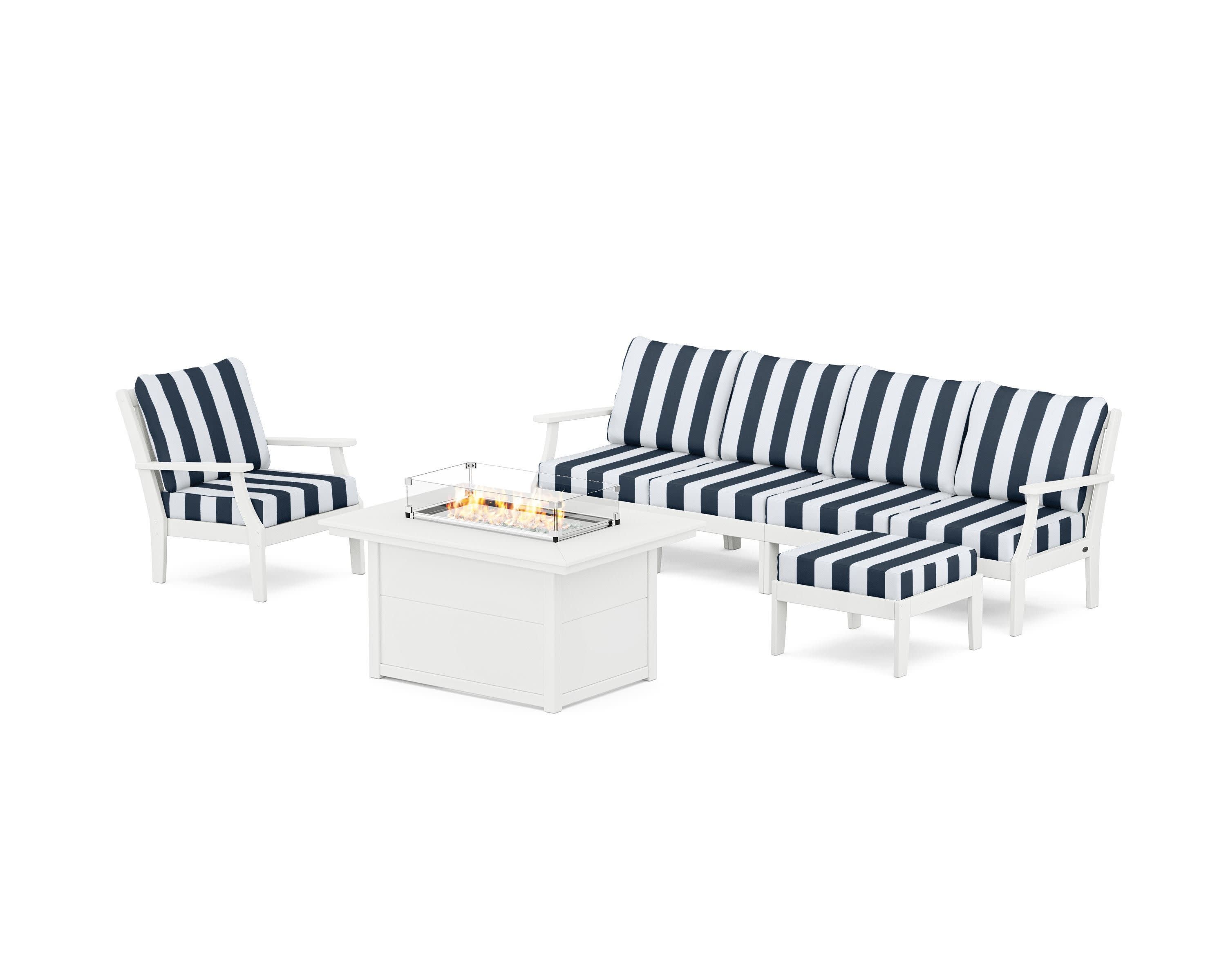 Braxton Sectional Lounge and Fire Pit Set in White / Cabana Stripe Marine Indigo