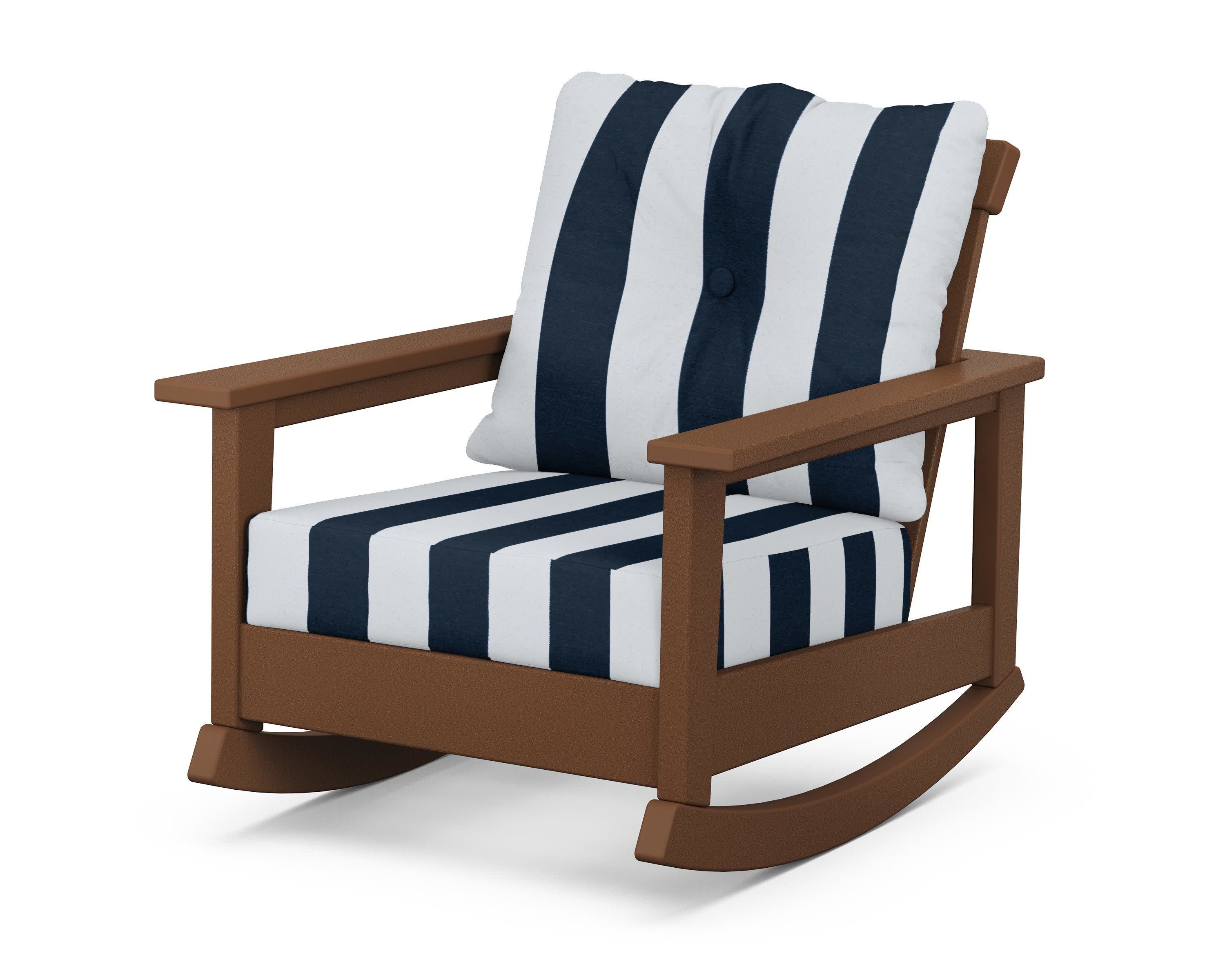 Prescott Deep Seating Rocking Chair in Teak / Cabana Stripe Marine Indigo