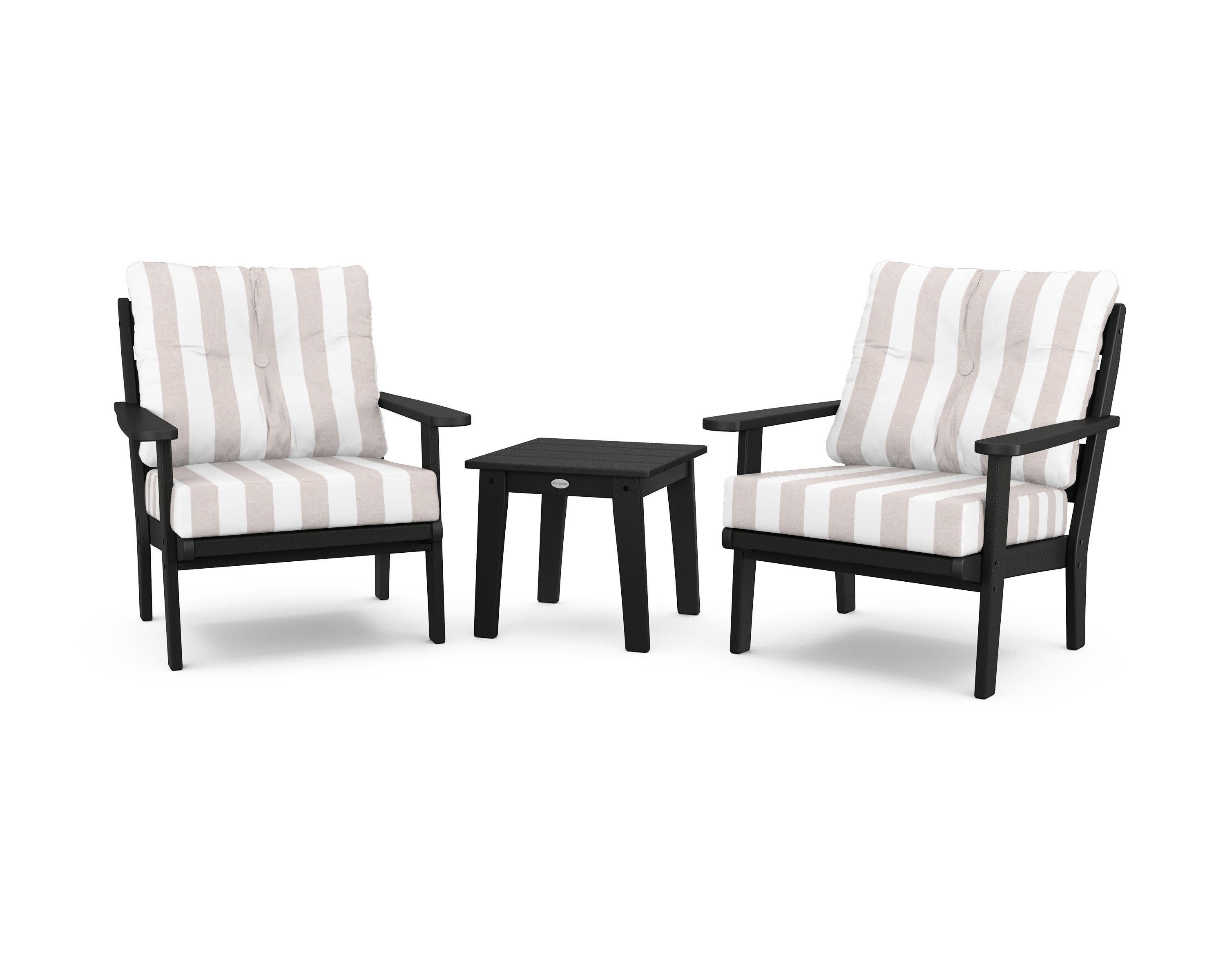 Lakeside 3-Piece Deep Seating Chair Set in Black / Cabana Stripe Dune Burlap