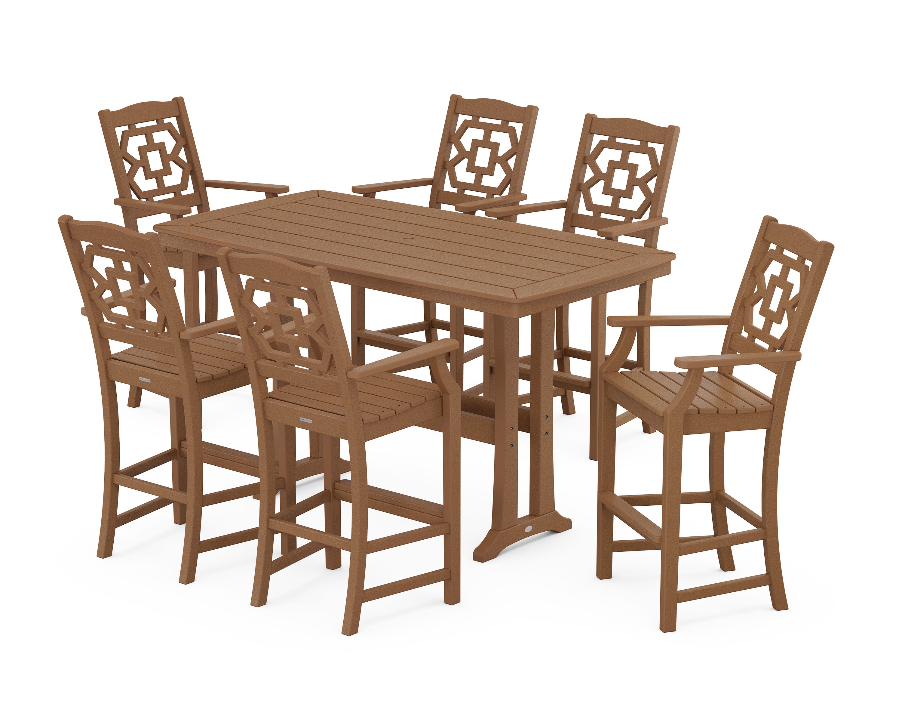 Chinoiserie Arm Chair 7-Piece Bar Set with Trestle Legs in Teak