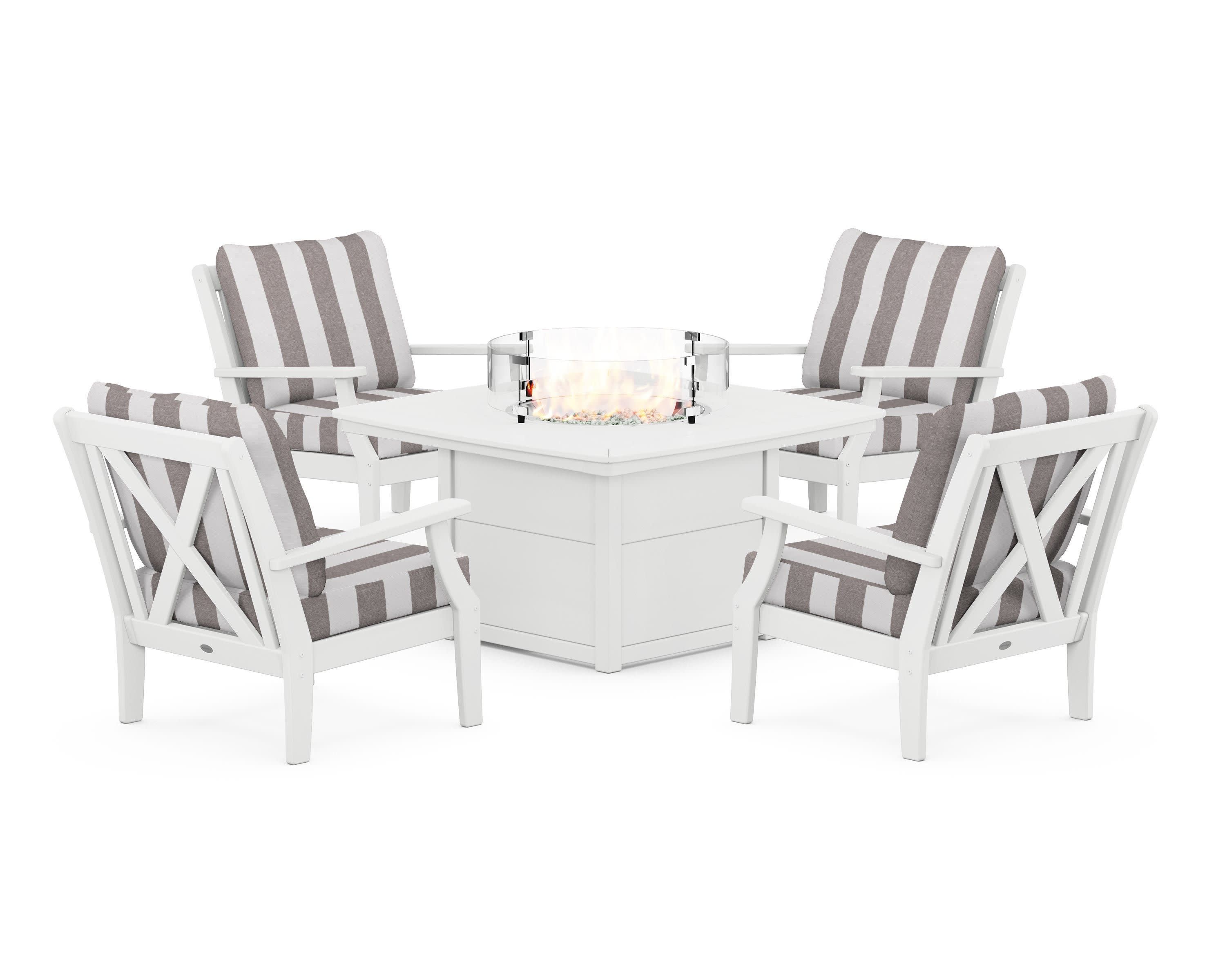 Braxton 5-Piece Deep Seating Conversation Set with Fire Pit Table in White / Cabana Stripe Grey Mist