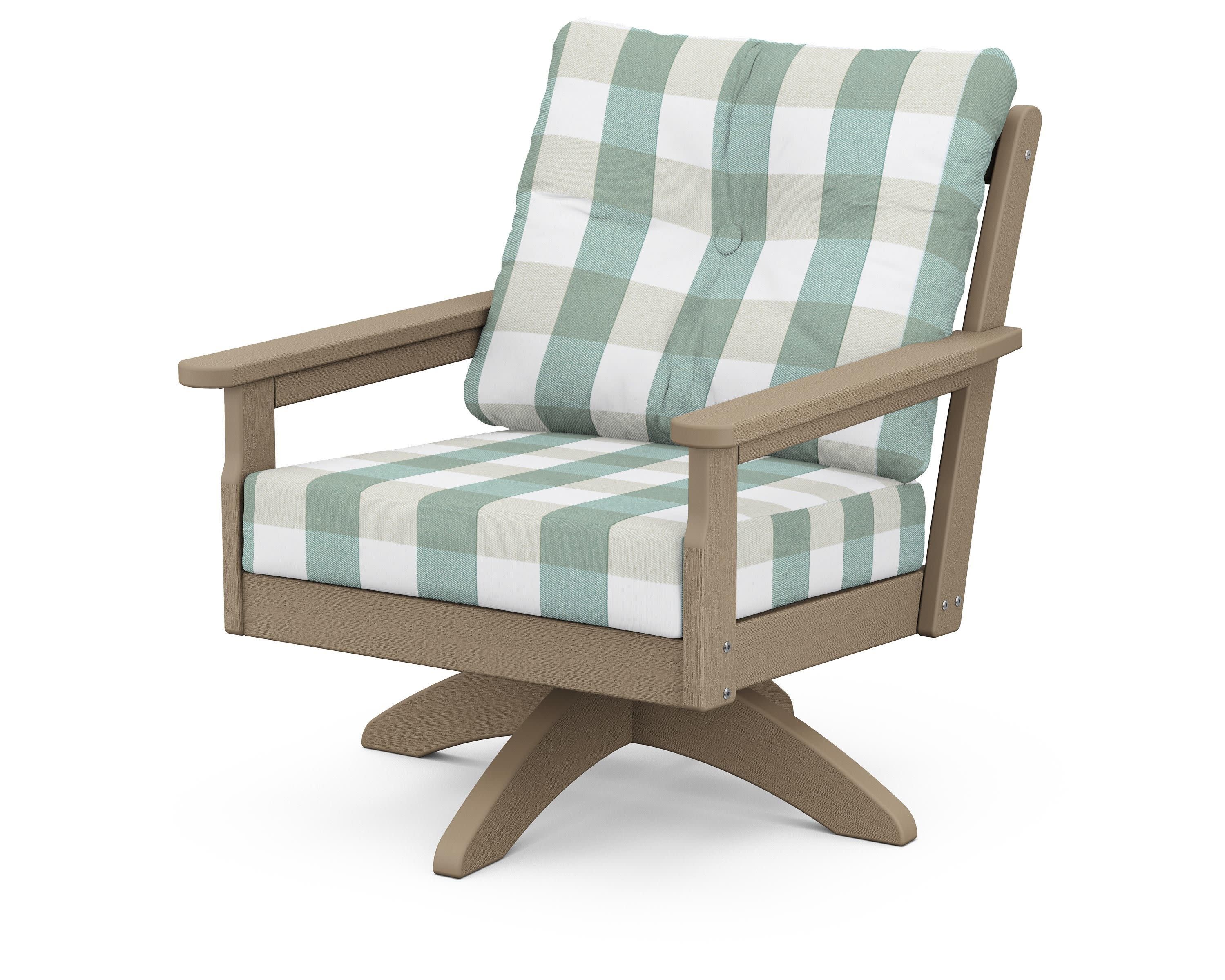 Vineyard Deep Seating Swivel Chair in Vintage Sahara / Buffalo Plaid Glacier Spa
