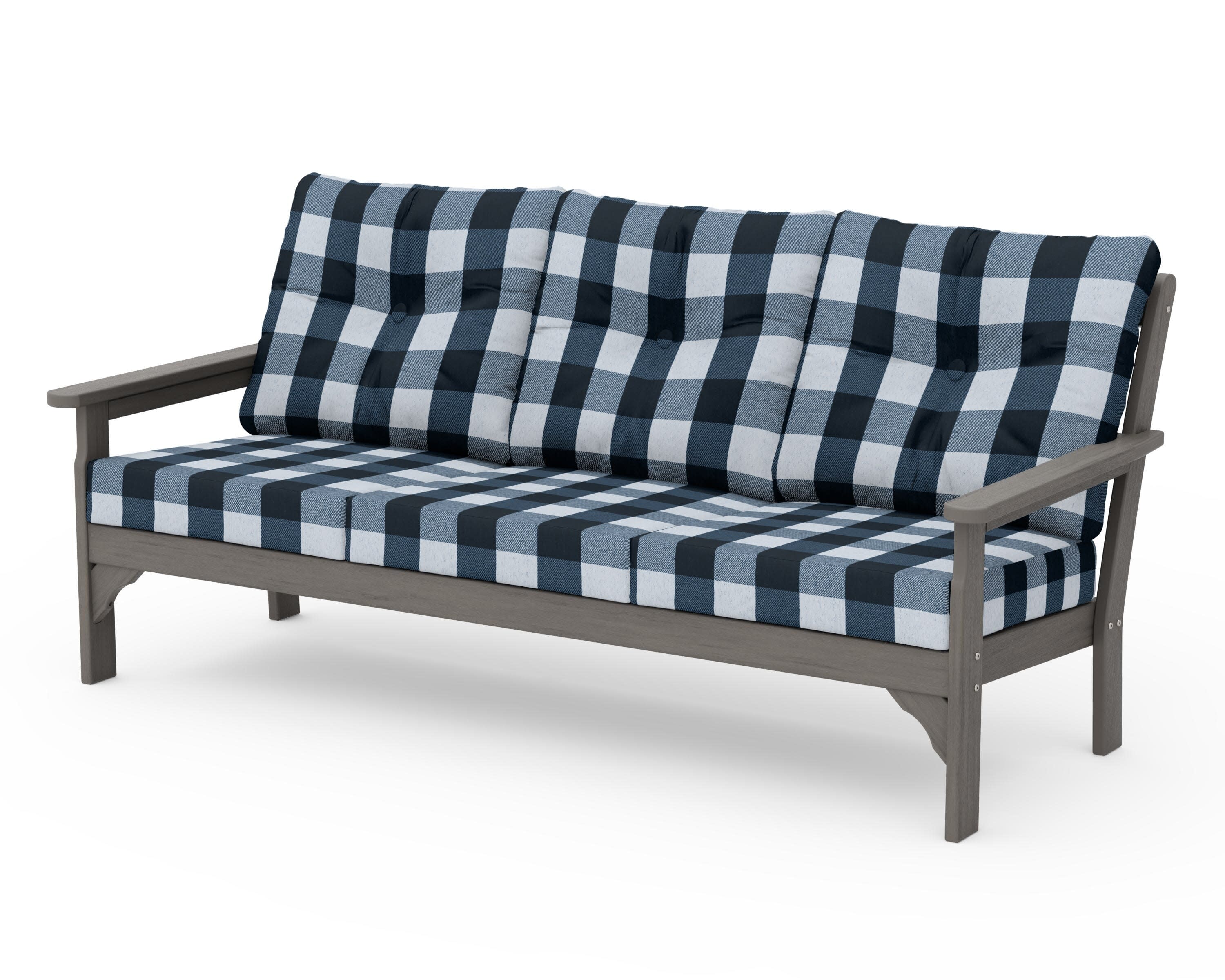 Vineyard Deep Seating Sofa in Driftwood / Buffalo Plaid Marine Indigo