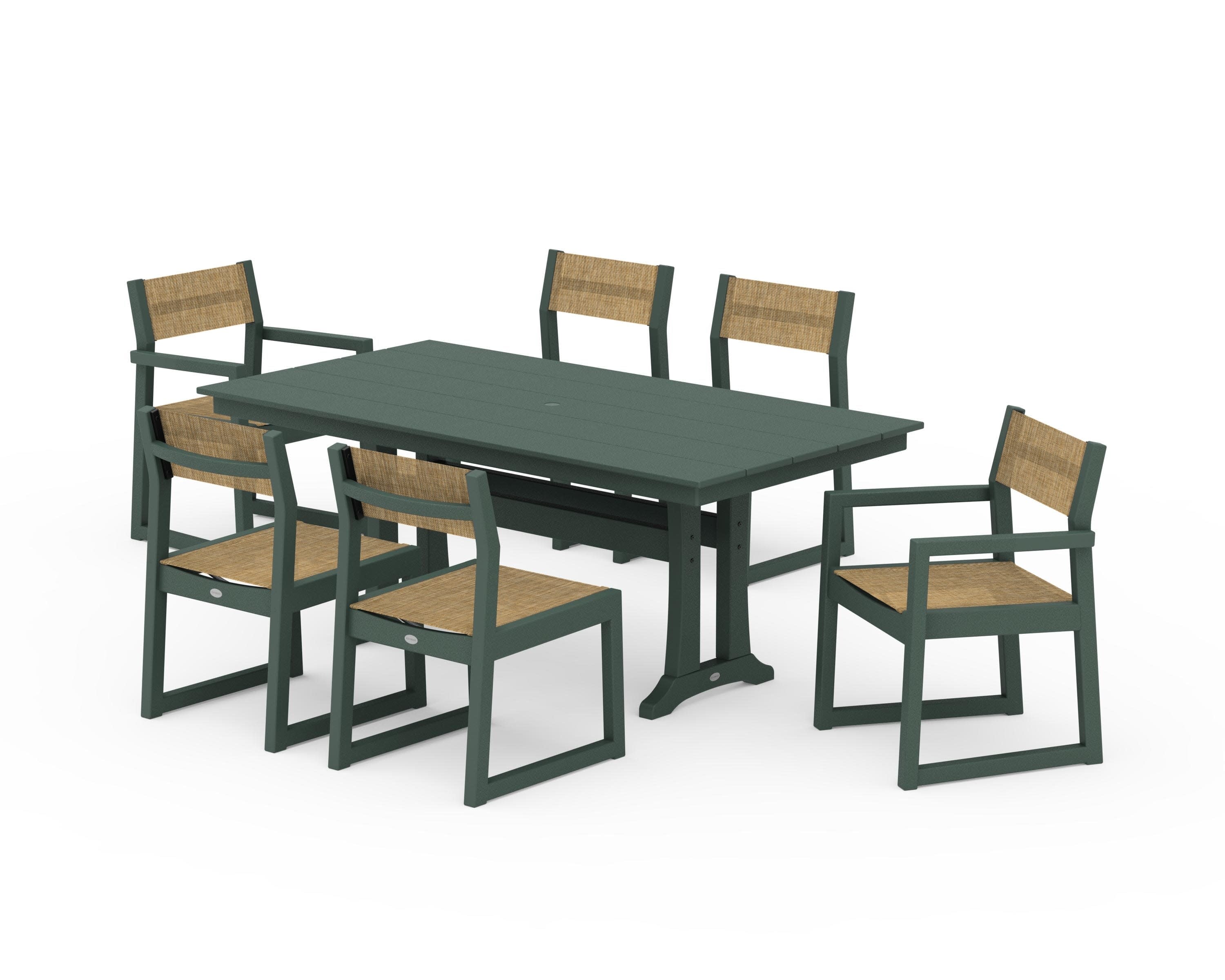 EDGE Sling 7-Piece Farmhouse Trestle Dining Set in Green / Burlap Sling