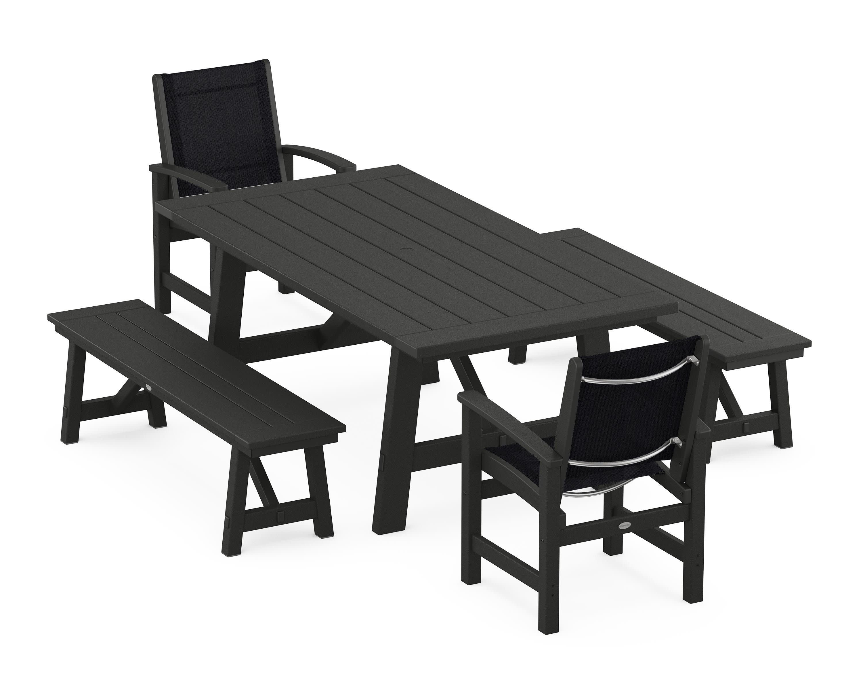 Coastal 5-Piece Rustic Farmhouse Dining Set With Benches in Black / Black Sling