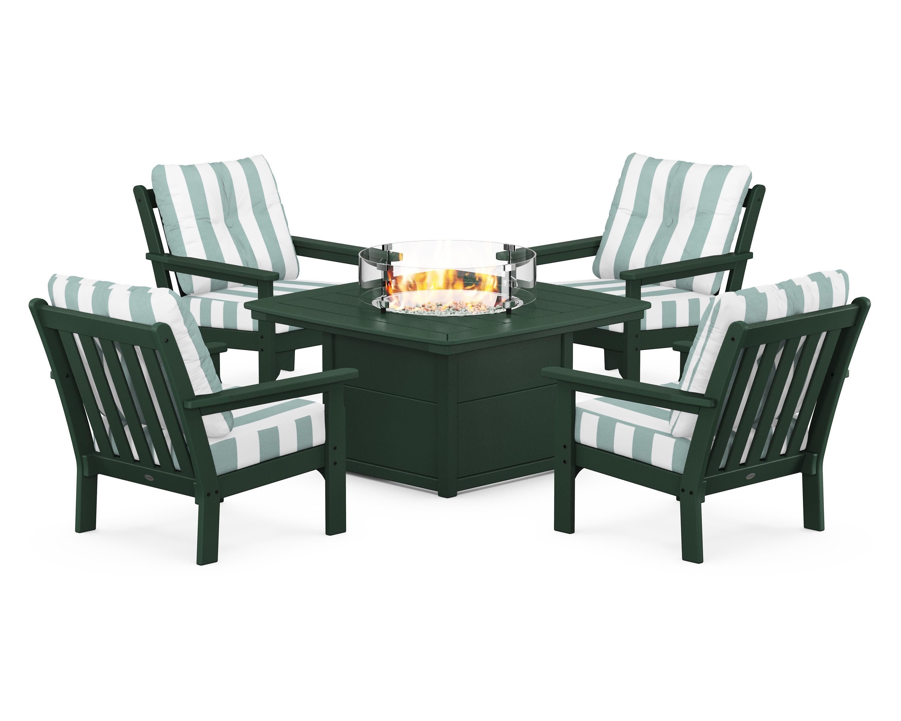 Vineyard 5-Piece Conversation Set with Fire Pit Table in Green / Cabana Stripe Glacier Spa