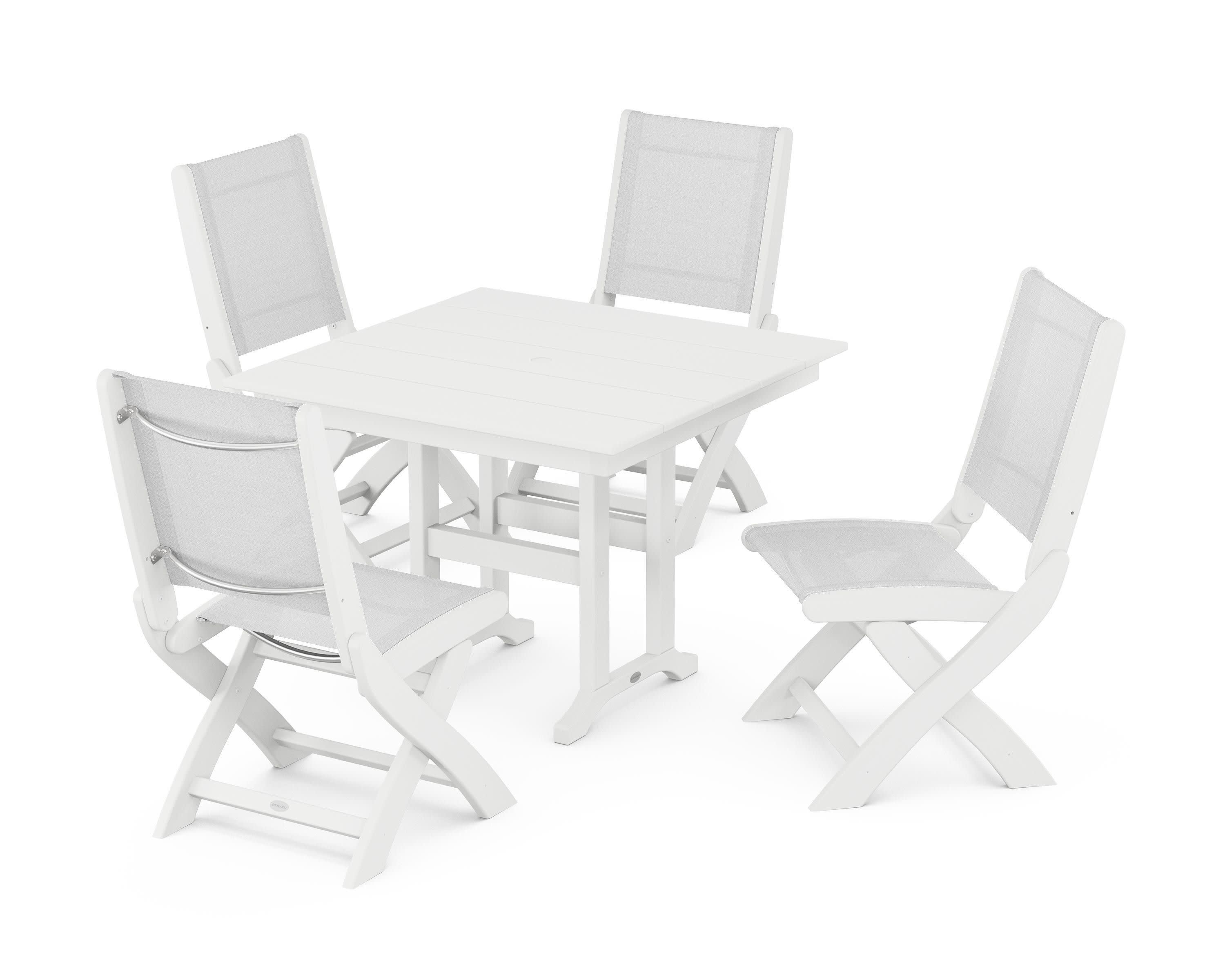 Coastal Folding Side Chair 5-Piece Farmhouse Dining Set in White / White Sling