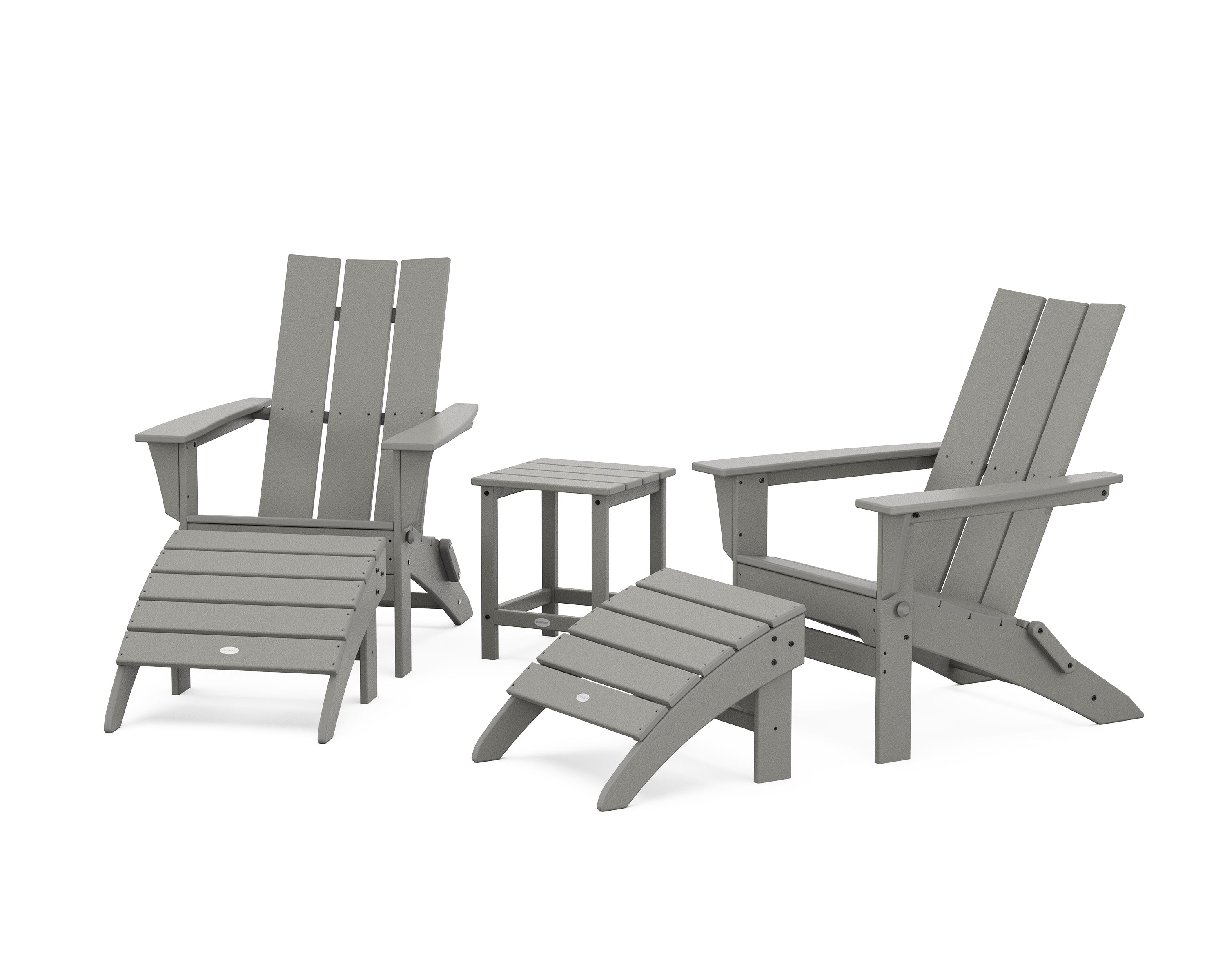 Modern Folding Adirondack Chair 5-Piece Set with Ottomans and 18" Side Table in Slate Grey