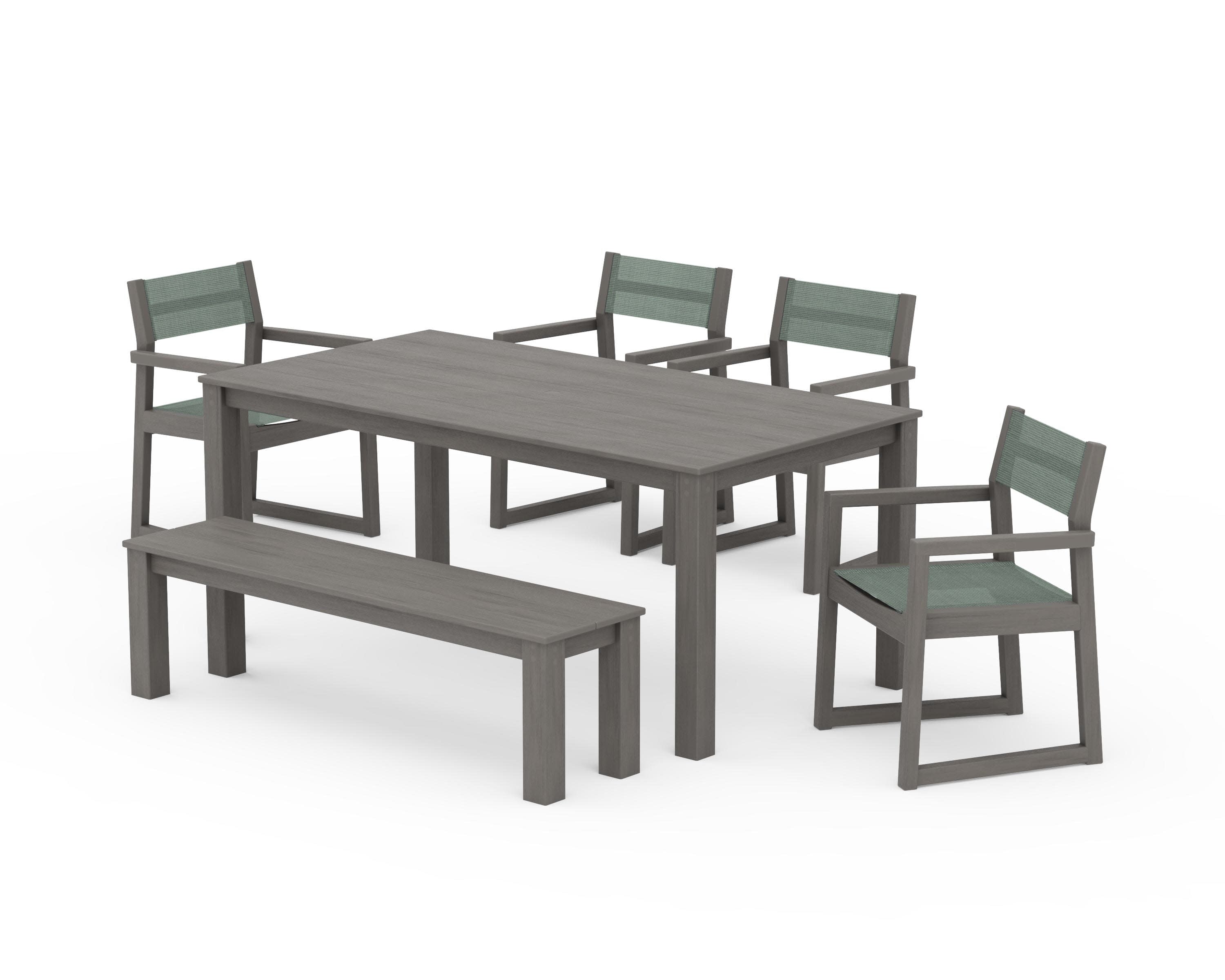 EDGE Sling Arm Chair 6-Piece Parsons Dining Set with Bench in Driftwood / Dupioni Sea Mist Sling