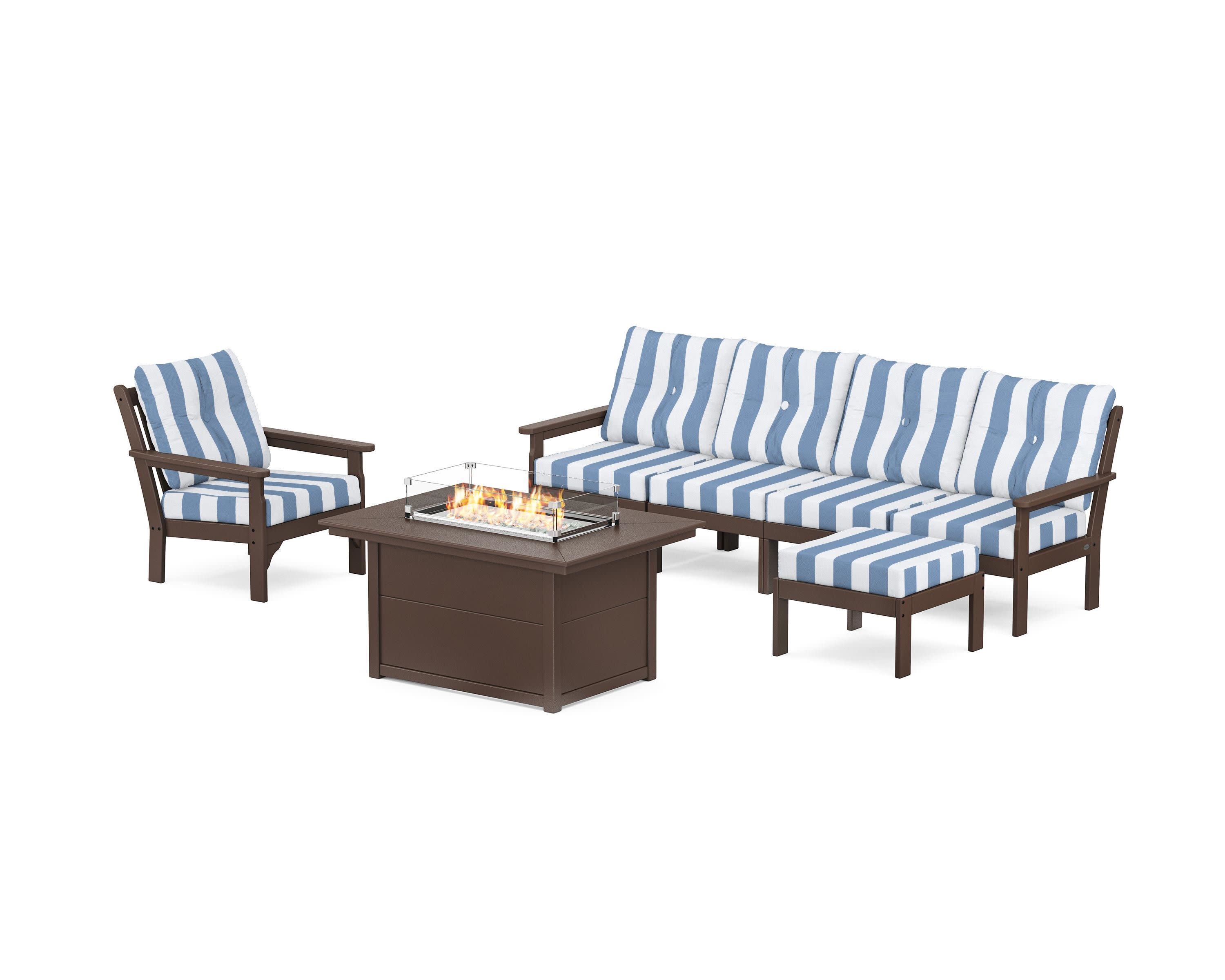 Vineyard Sectional Lounge and Fire Pit Set in Mahogany / Cabana Stripe Sky Blue