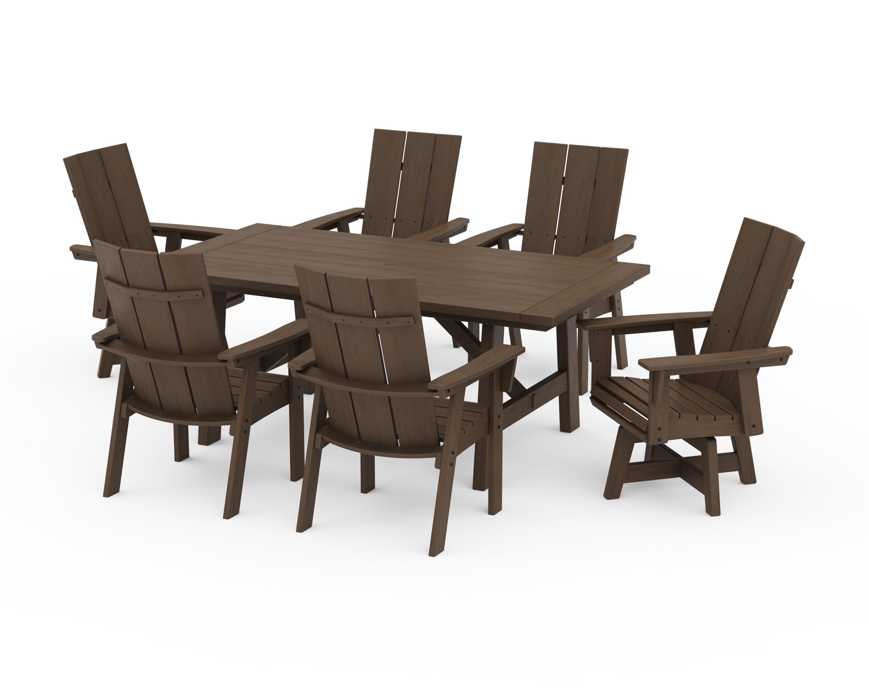 Modern Curveback Adirondack 7-Piece Rustic Farmhouse Swivel Dining Set in Kona