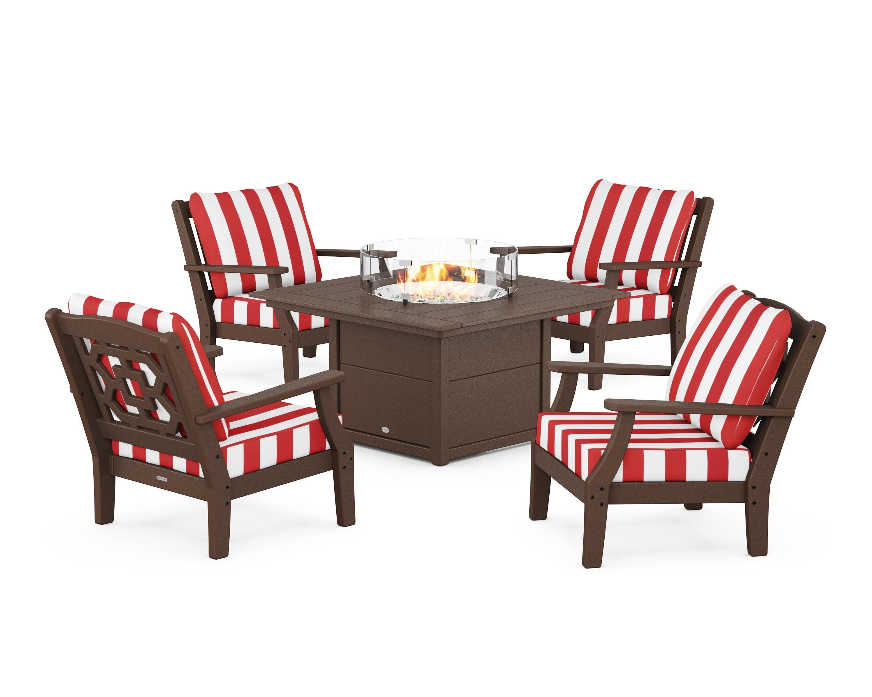 Chinoiserie 5-Piece Deep Seating Set with Fire Pit Table in Mahogany / Cabana Stripe Crimson