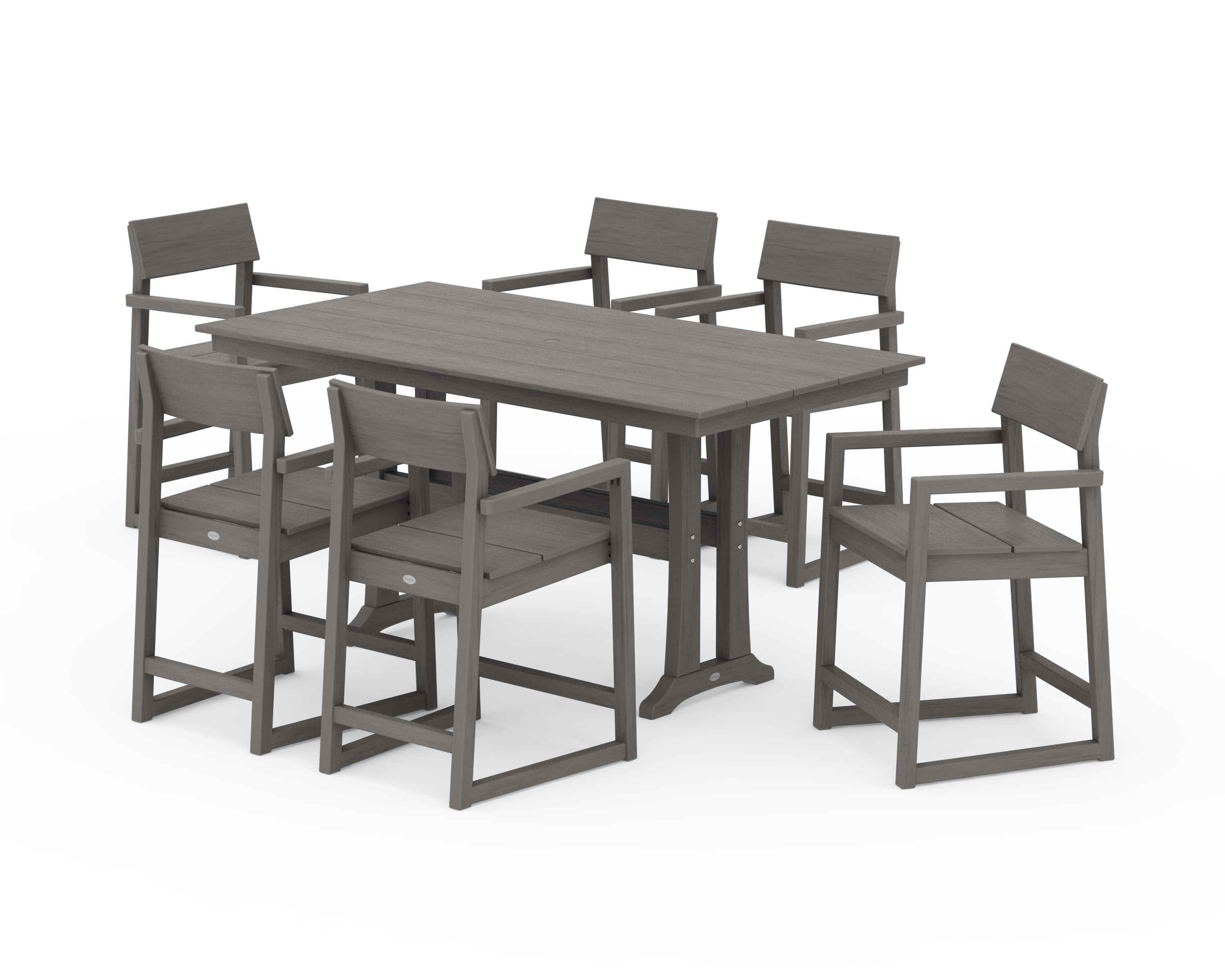 EDGE Arm Chair 7-Piece Farmhouse Counter Set with Trestle Legs in Driftwood