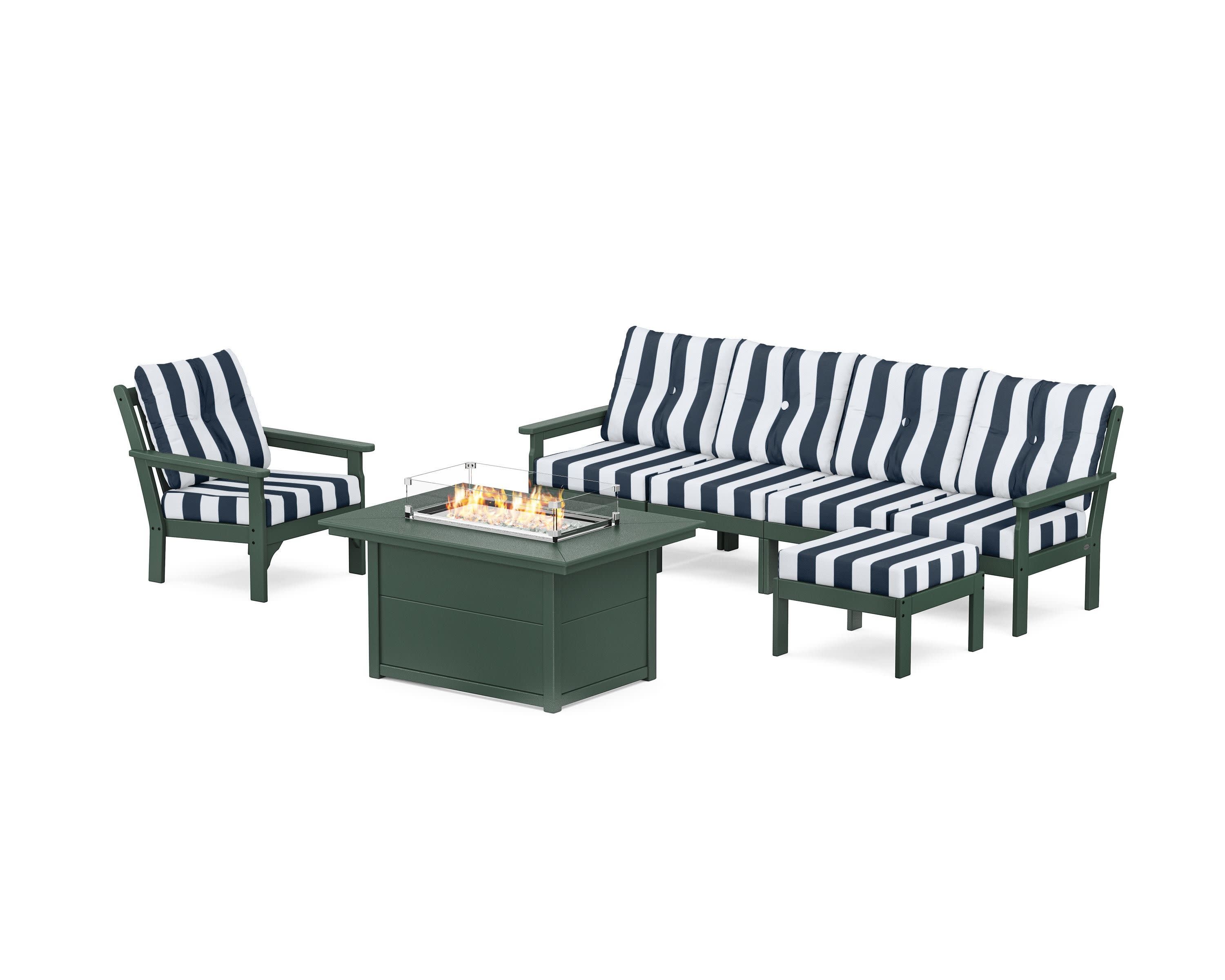 Vineyard Sectional Lounge and Fire Pit Set in Green / Cabana Stripe Marine Indigo