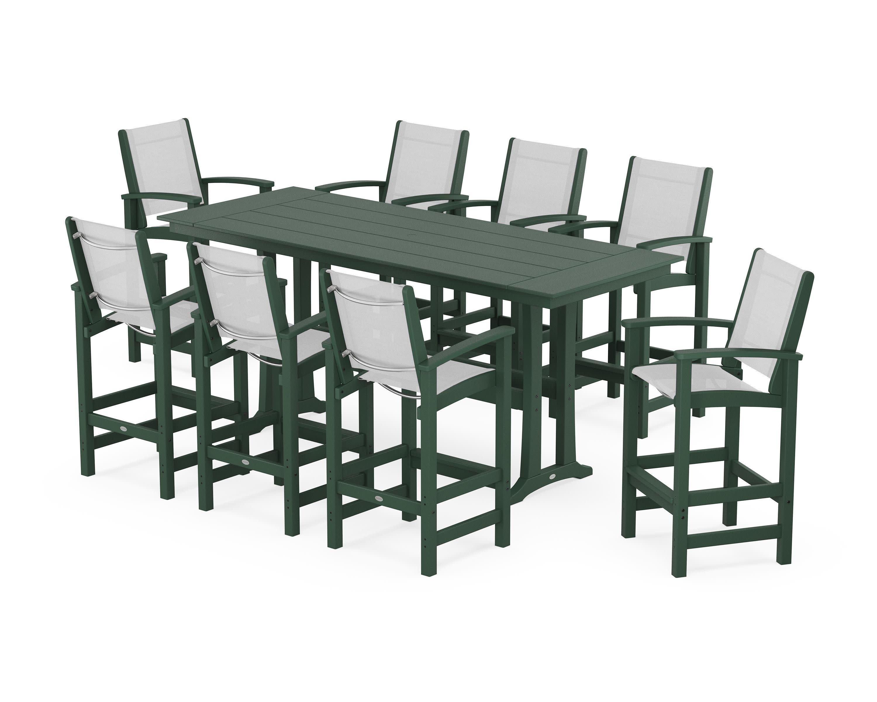 Coastal 9-Piece Farmhouse Bar Set with Trestle Legs in Green / White Sling