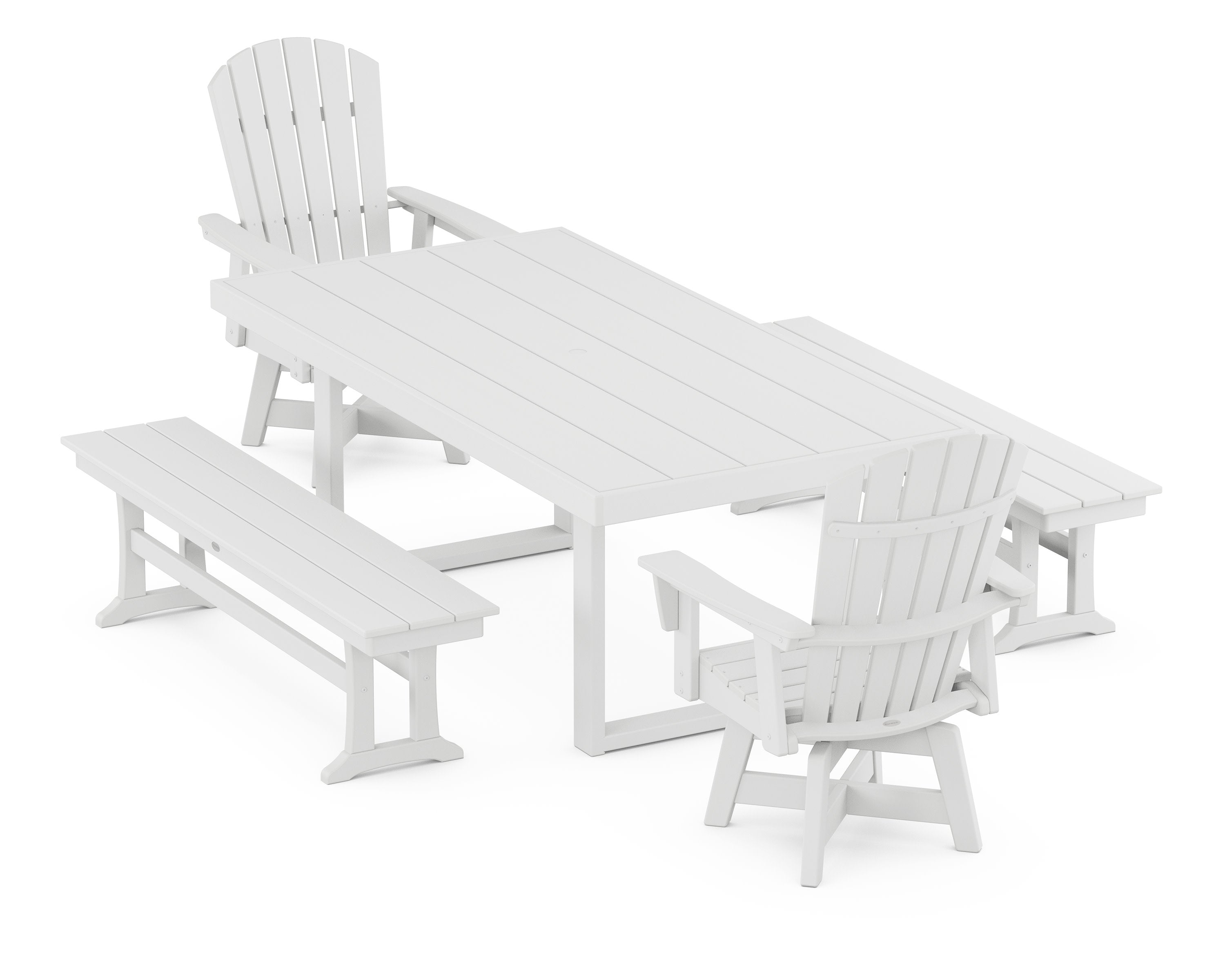 Nautical Curveback Adirondack Swivel Chair 5-Piece Dining Set with Benches in White