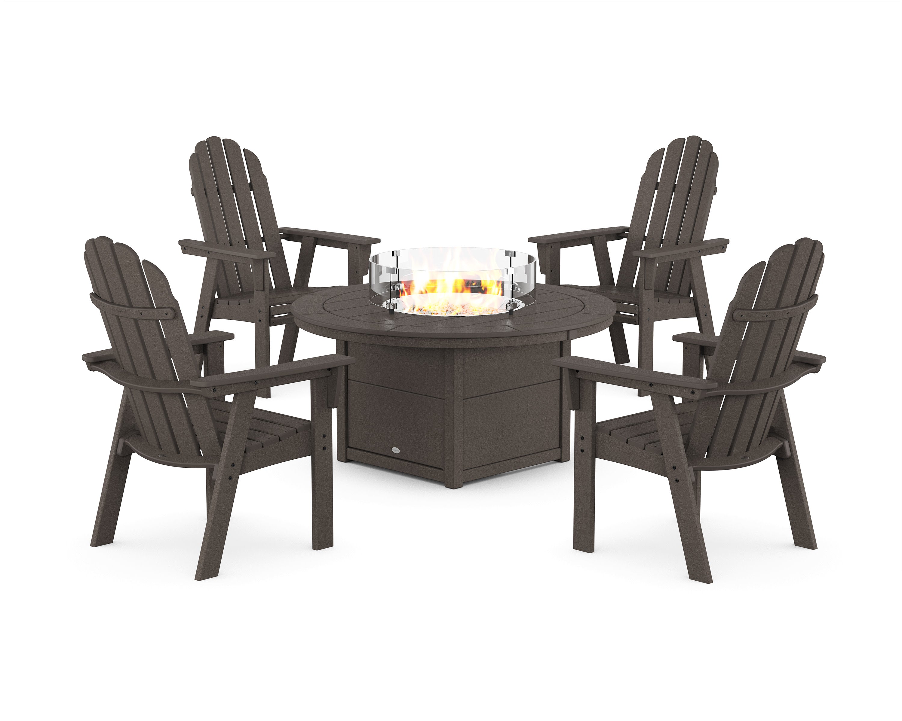 Vineyard 4-Piece Curveback Upright Adirondack Conversation Set with Fire Pit Table in Vintage Coffee