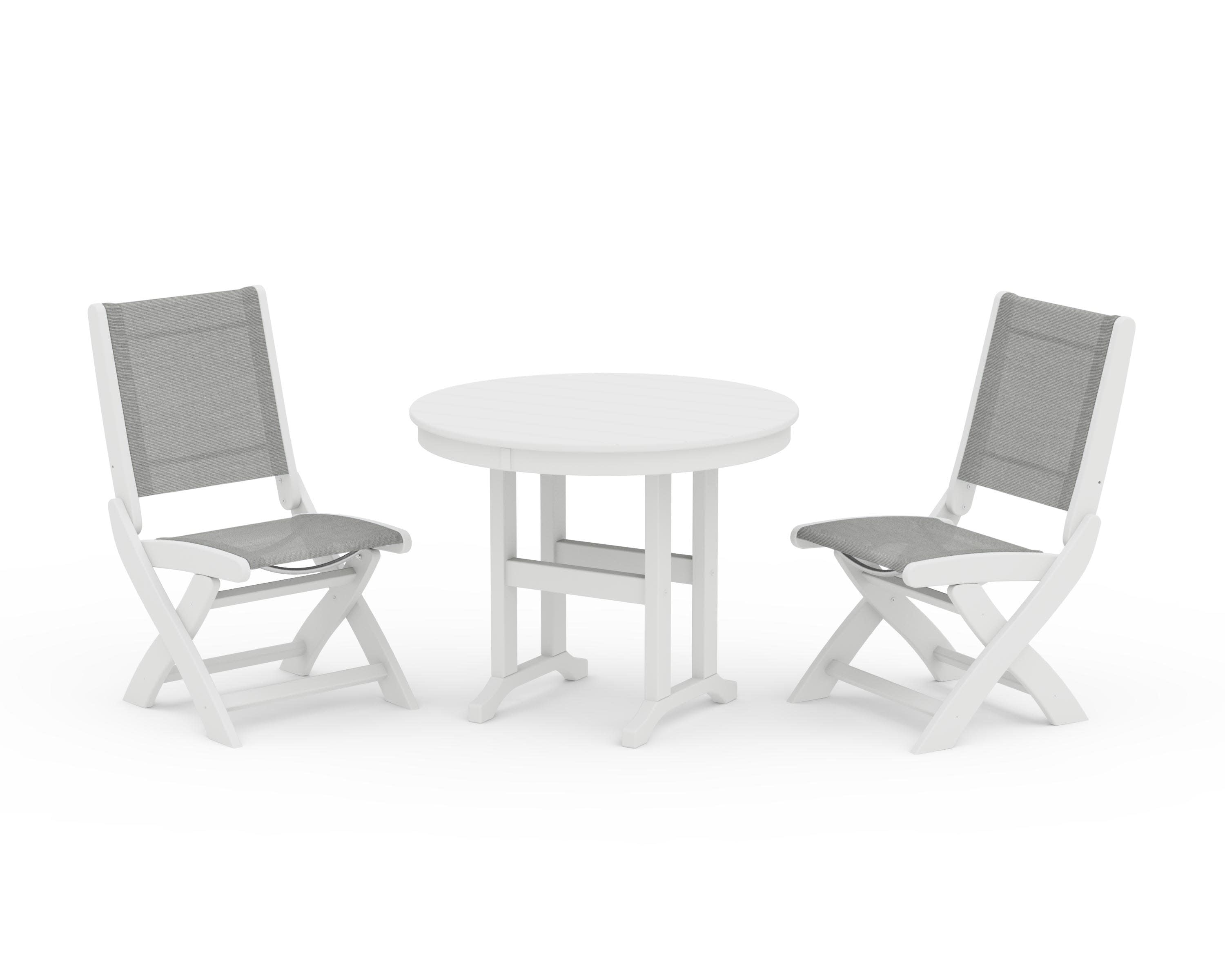 Coastal Folding Side Chair 3-Piece Round Dining Set in White / Metallic Sling