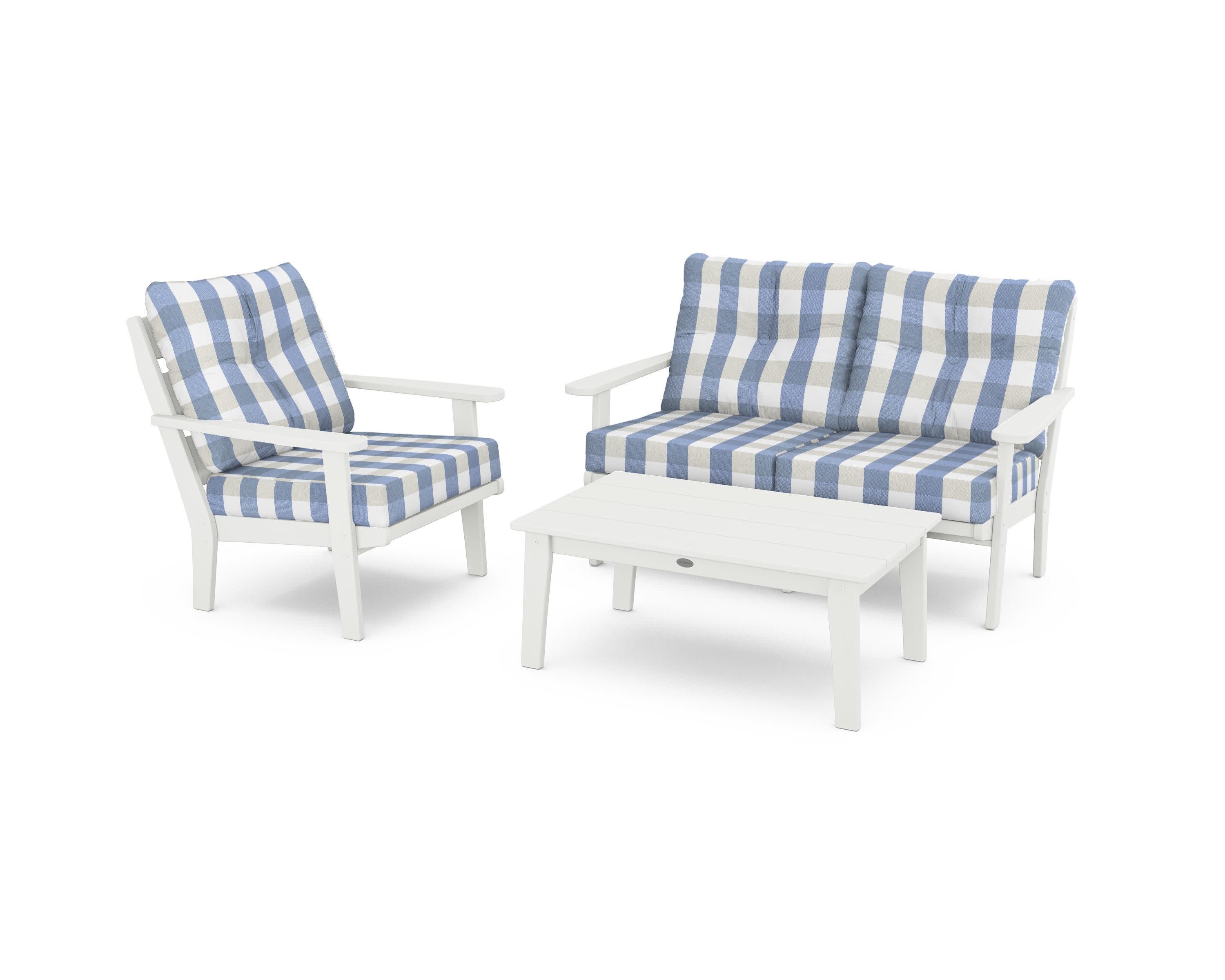 Lakeside 3-Piece Deep Seating Set in Vintage White / Buffalo Plaid Sky Blue