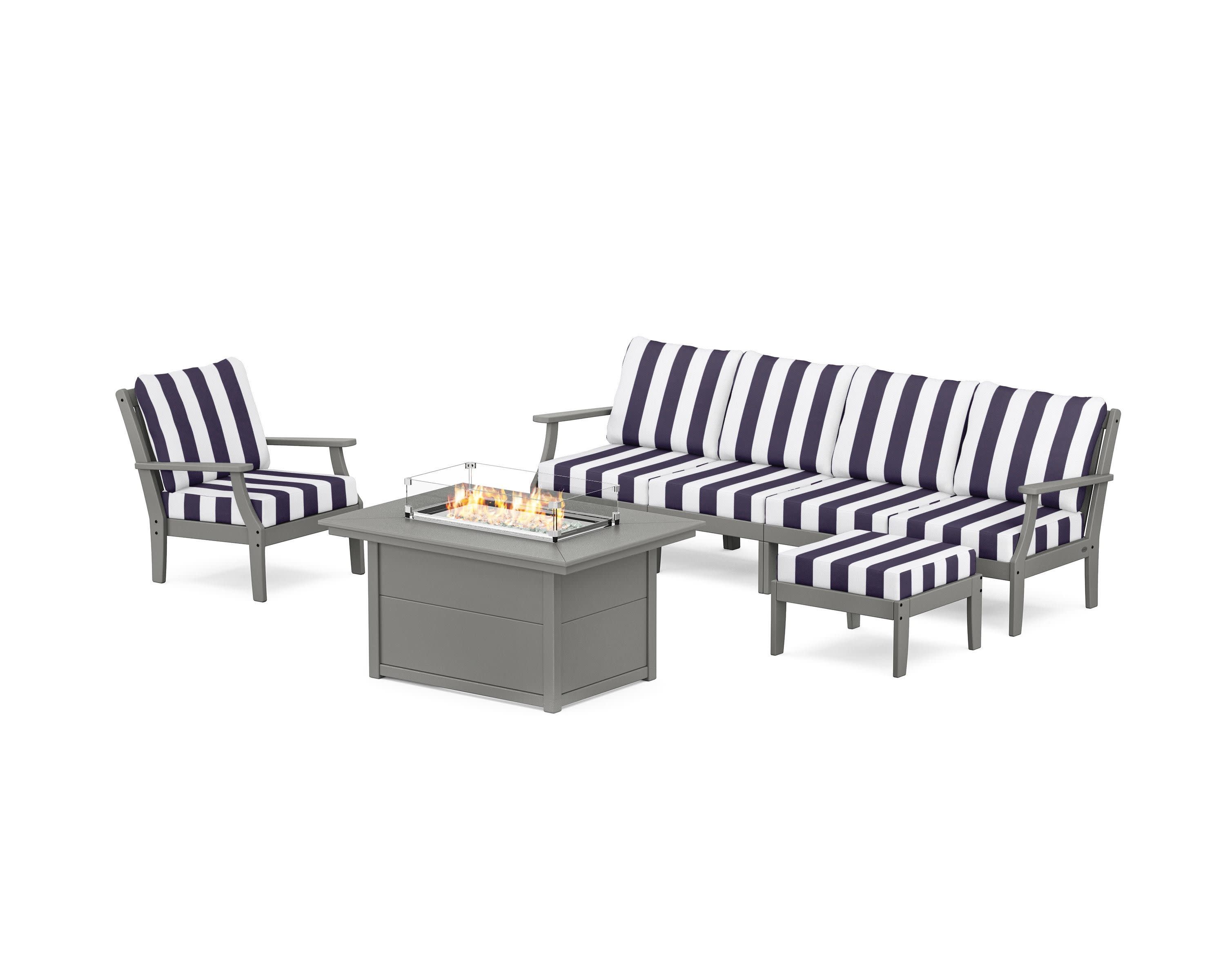 Braxton Sectional Lounge and Fire Pit Set in Slate Grey / Cabana Stripe Navy