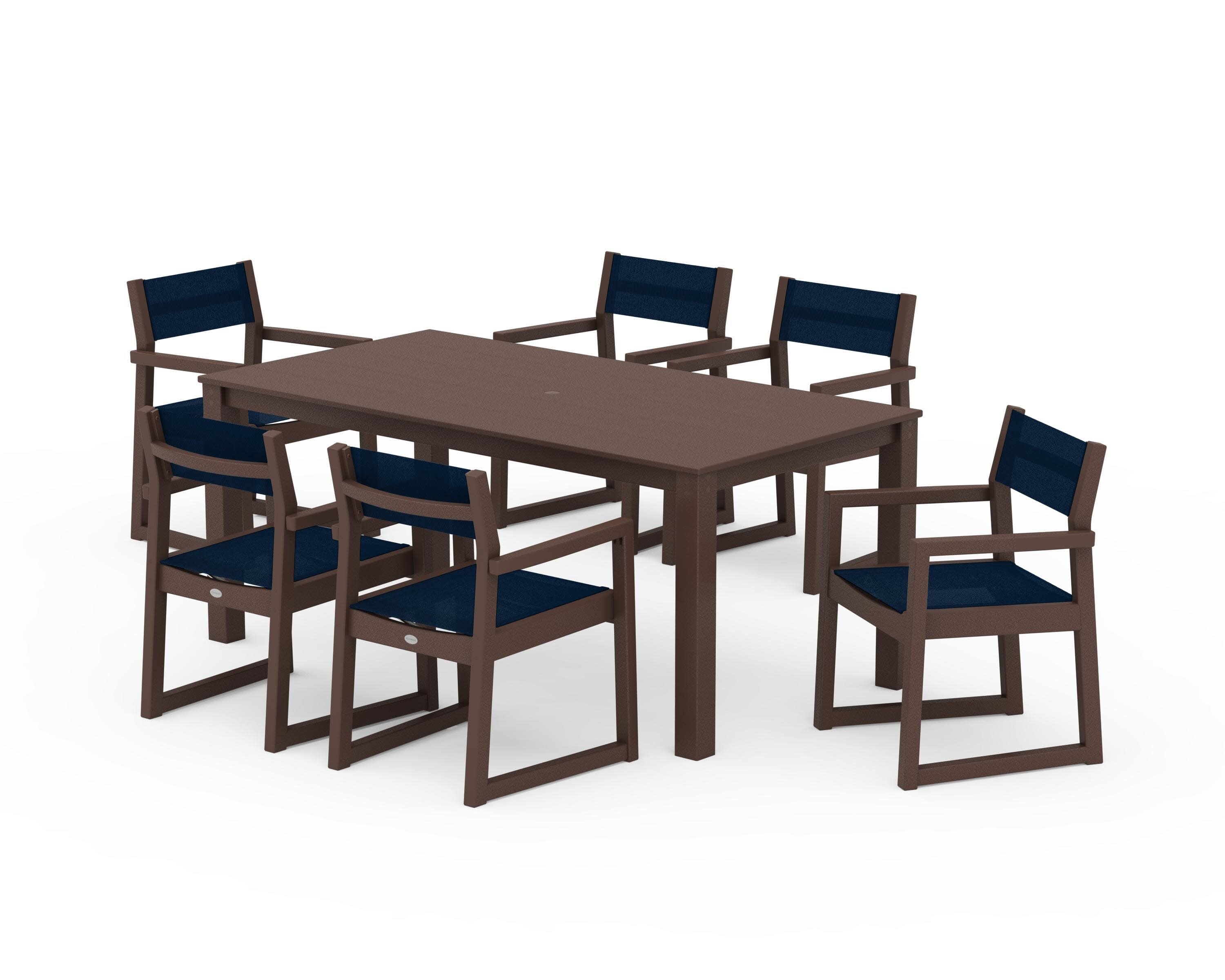EDGE Sling Arm Chair 7-Piece Parsons Dining Set in Mahogany / Navy Blue Sling