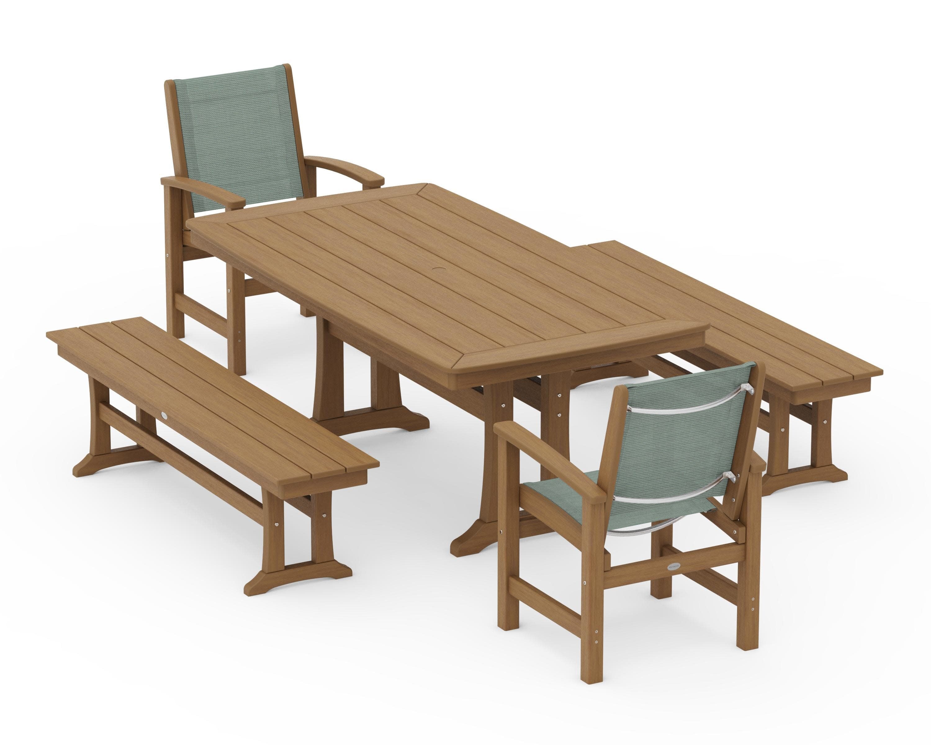 Coastal 5-Piece Dining Set with Trestle Legs and Benches in Natural / Dupioni Sea Mist Sling