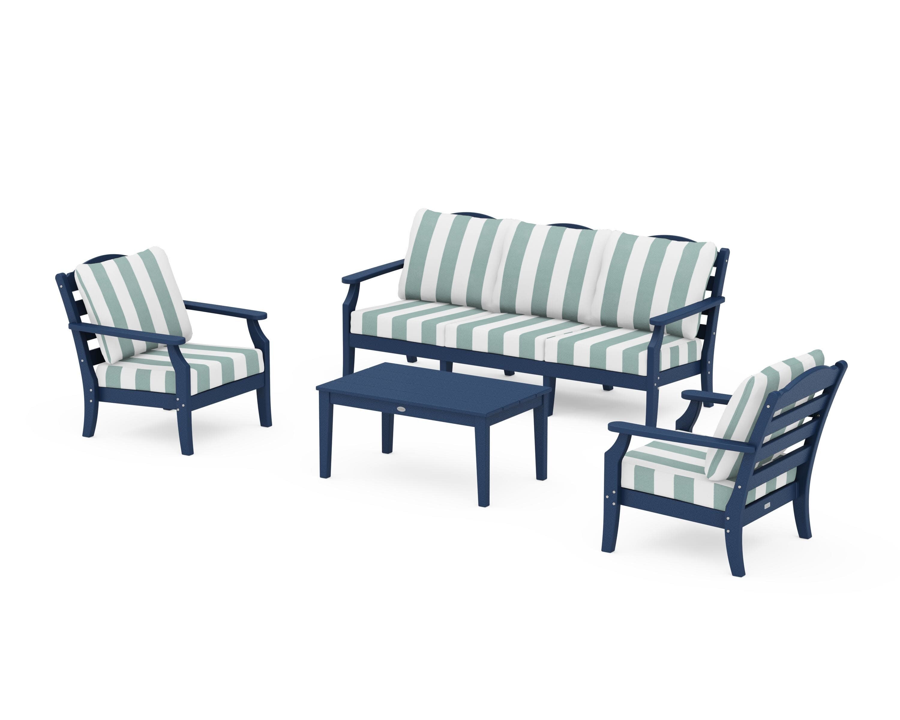 Savannah 4-Piece Deep Seating Set with Sofa in Navy / Cabana Stripe Glacier Spa