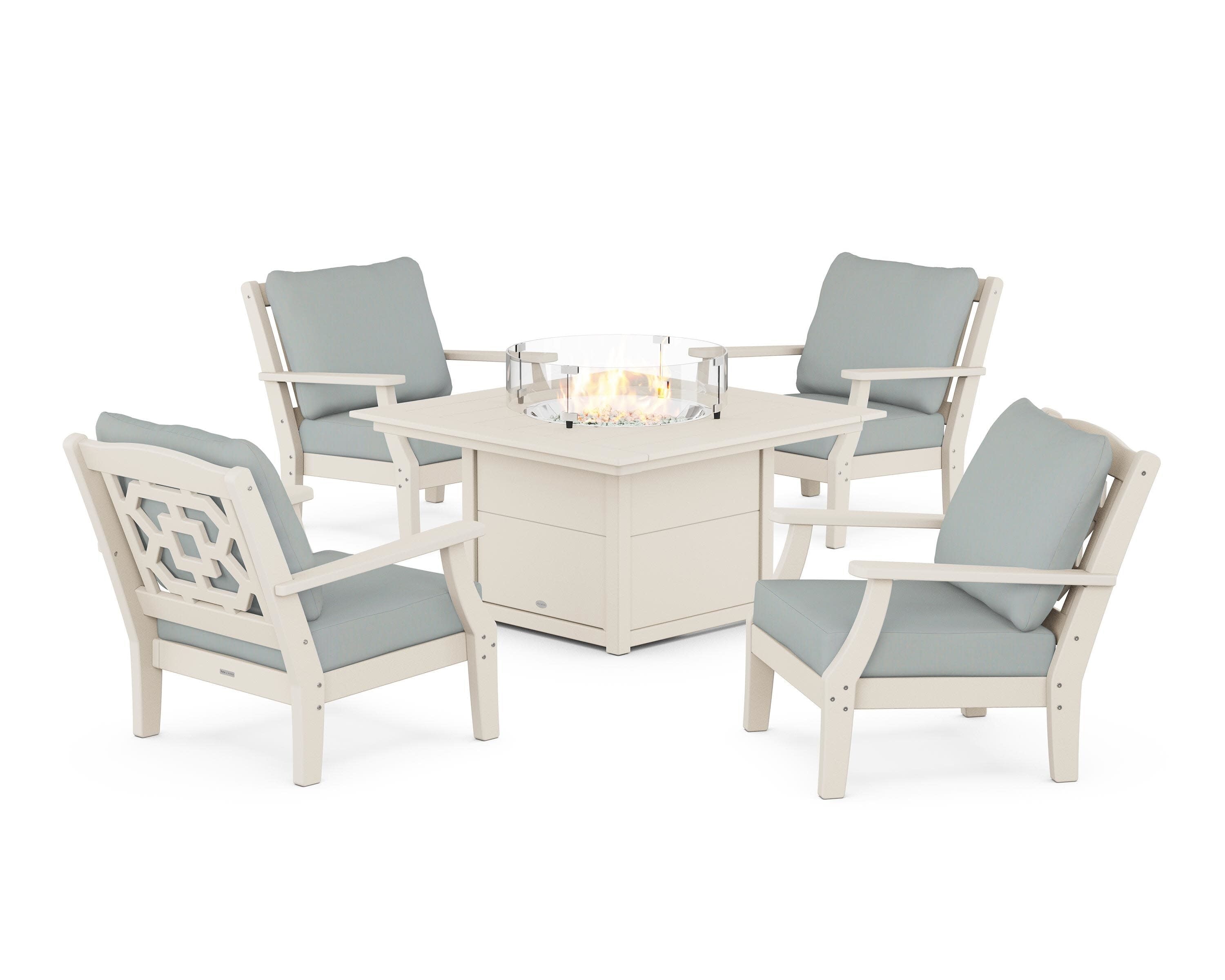 Chinoiserie 5-Piece Deep Seating Set with Fire Pit Table in Sand / Spa