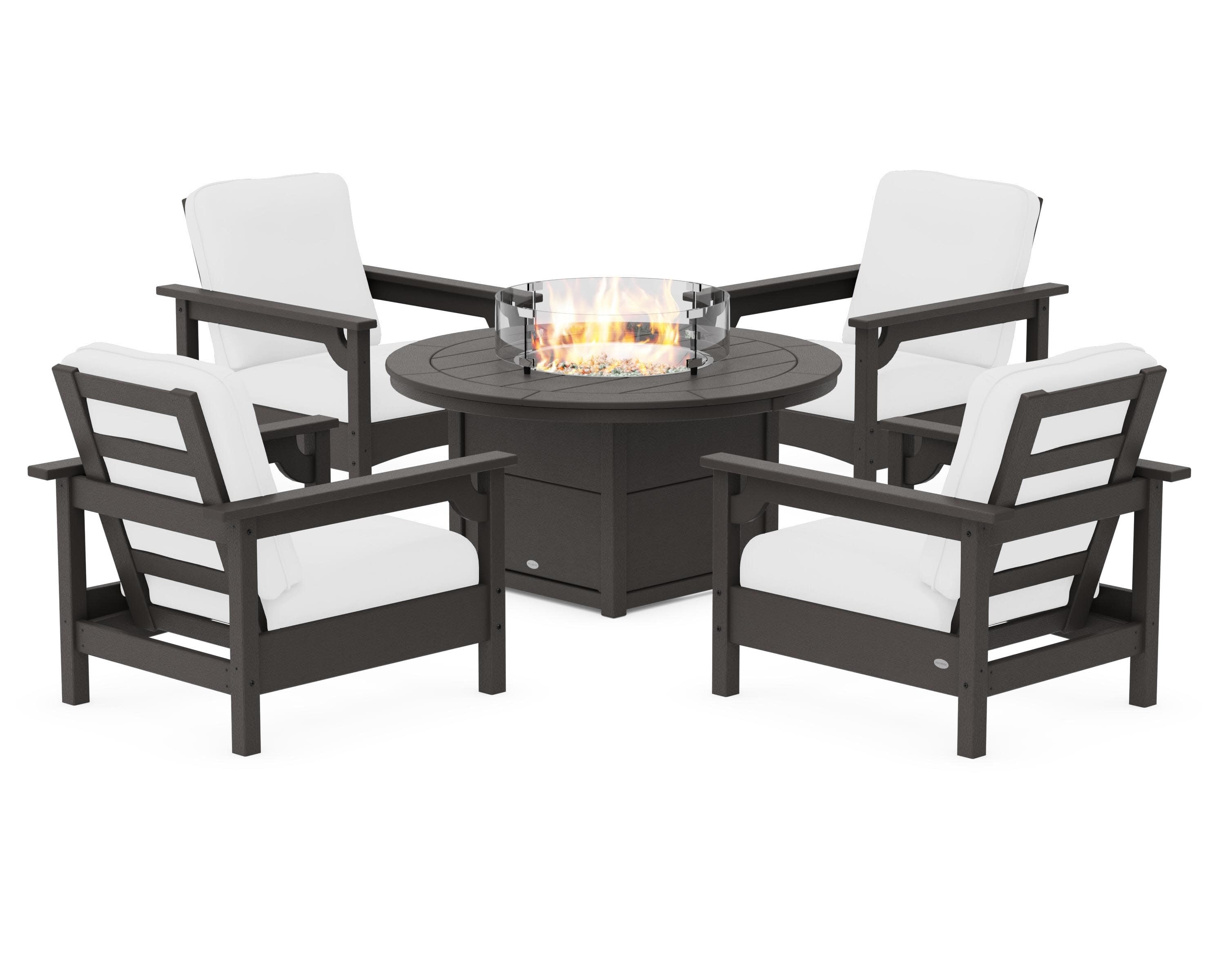 Club 5-Piece Conversation Set with Fire Pit Table in Vintage Coffee / Natural