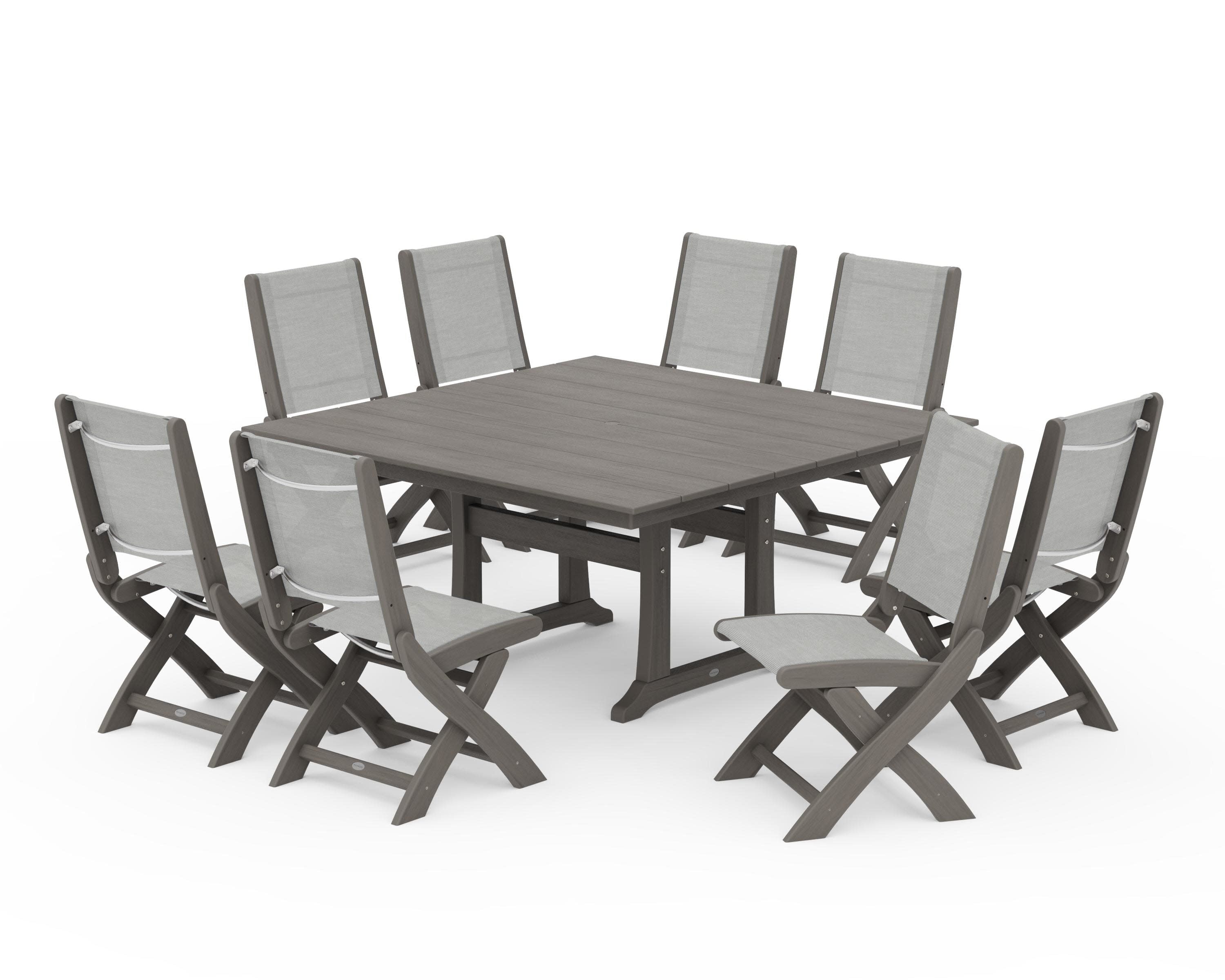 Coastal Folding Side Chair 9-Piece Farmhouse Dining Set in Driftwood / Metallic Sling