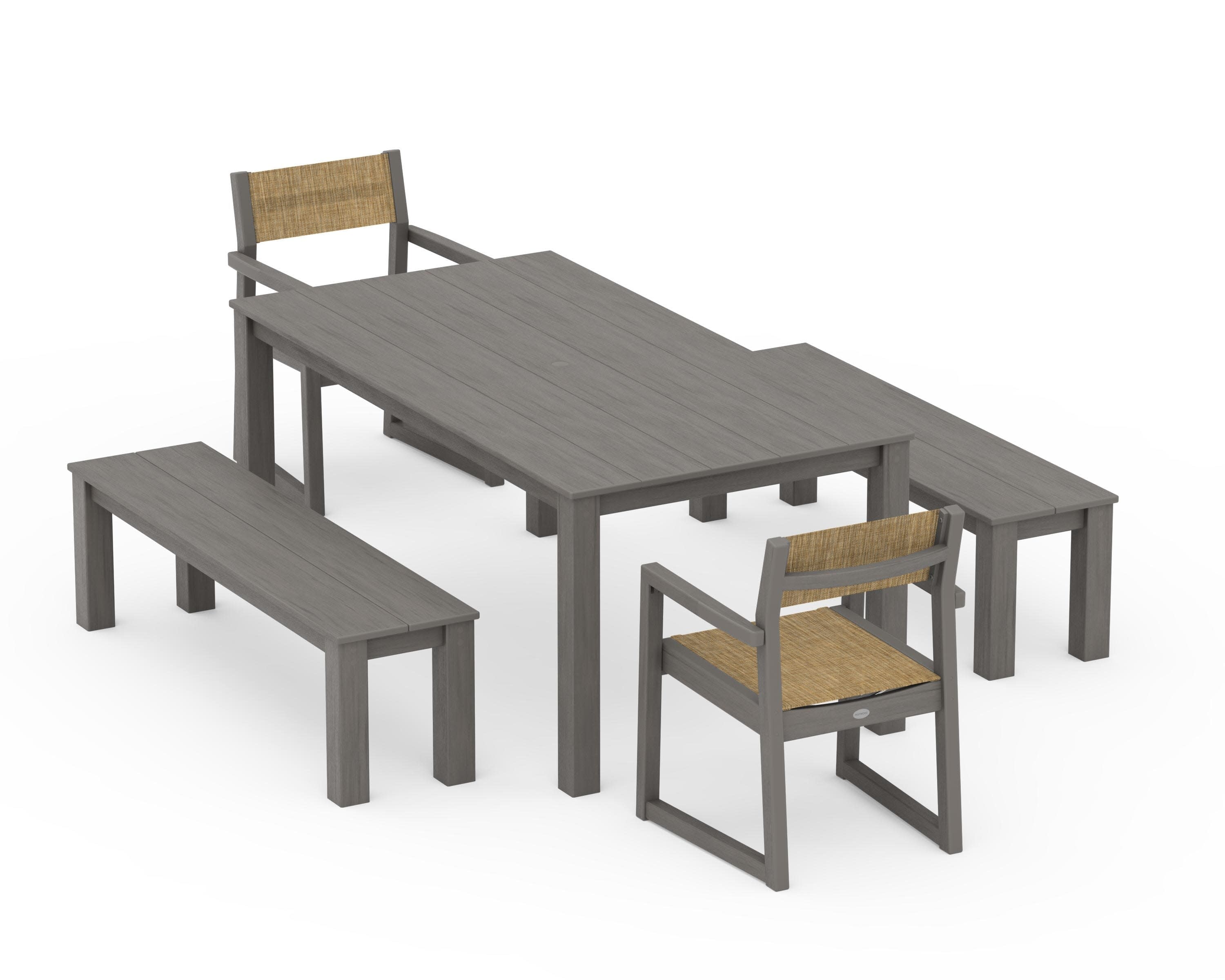 EDGE Sling Arm Chair 5-Piece Parsons Dining Set with Benches in Driftwood / Burlap Sling