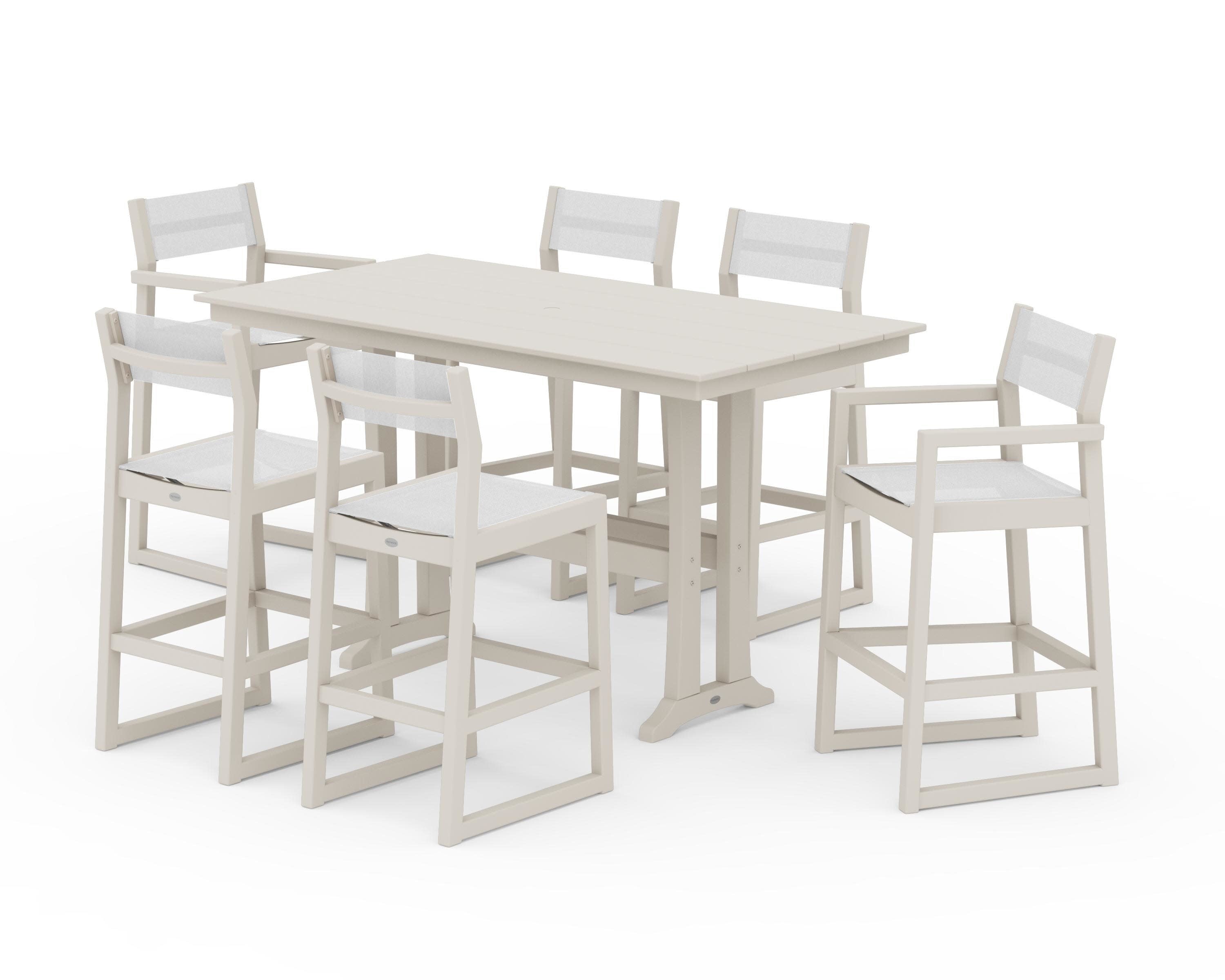EDGE Sling 7-Piece Farmhouse Bar Set with Trestle Legs in Sand / White Sling