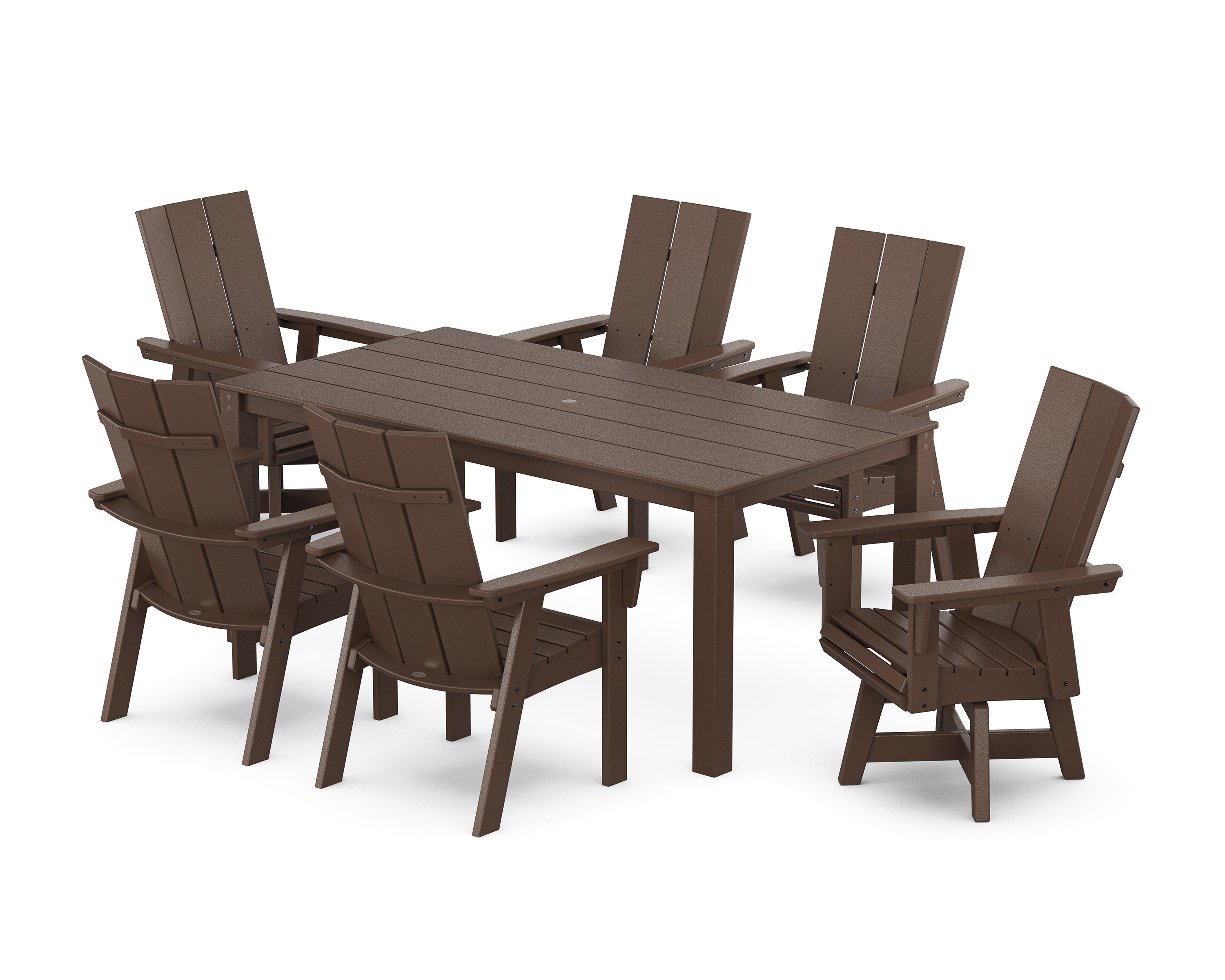 Modern Curveback Adirondack 7-Piece Parsons Swivel Dining Set in Mahogany