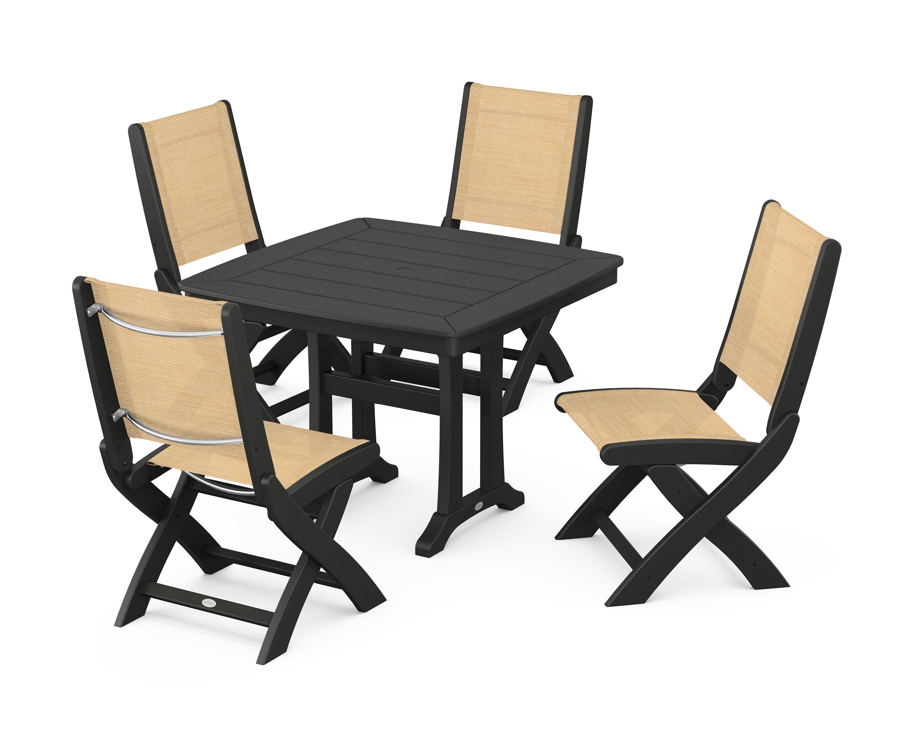 Coastal Folding Side Chair 5-Piece Dining Set with Trestle Legs in Black / Dupioni Apricot Sling