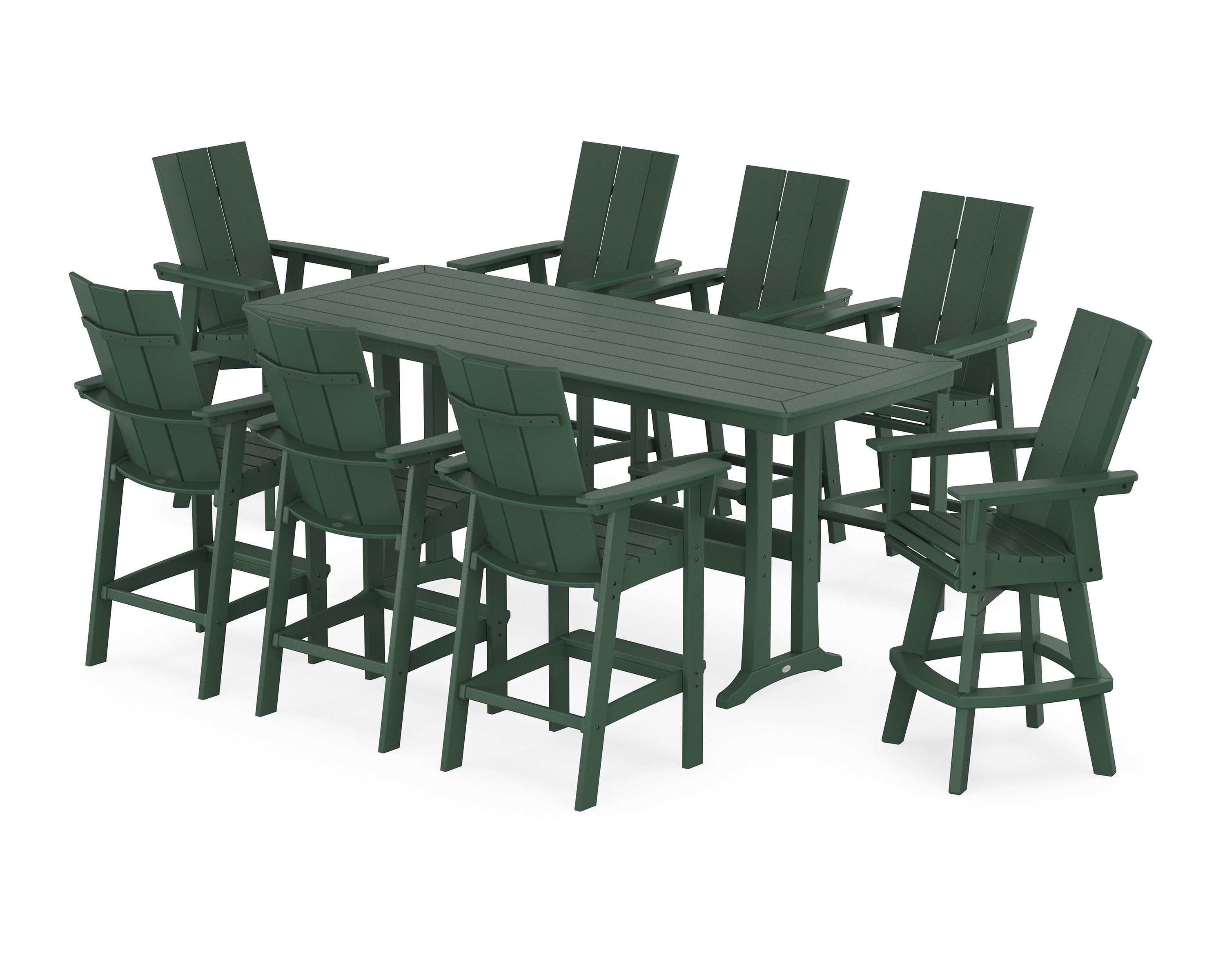 Modern Curveback Adirondack Swivel 9-Piece Bar Set with Trestle Legs in Green